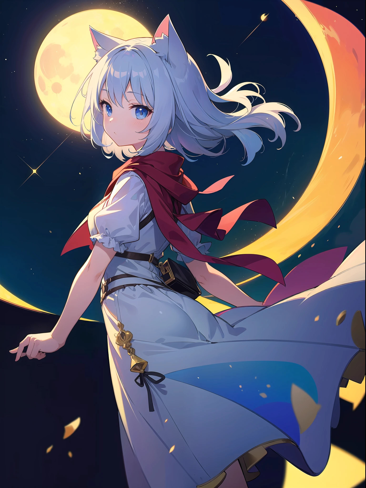(Masterpiece), (Best Definition Animated Illustration), (Super Definition), One Girl, Solo, Beautiful Girl with Silver Hair, Cat Ears Loli, Sun and Moon