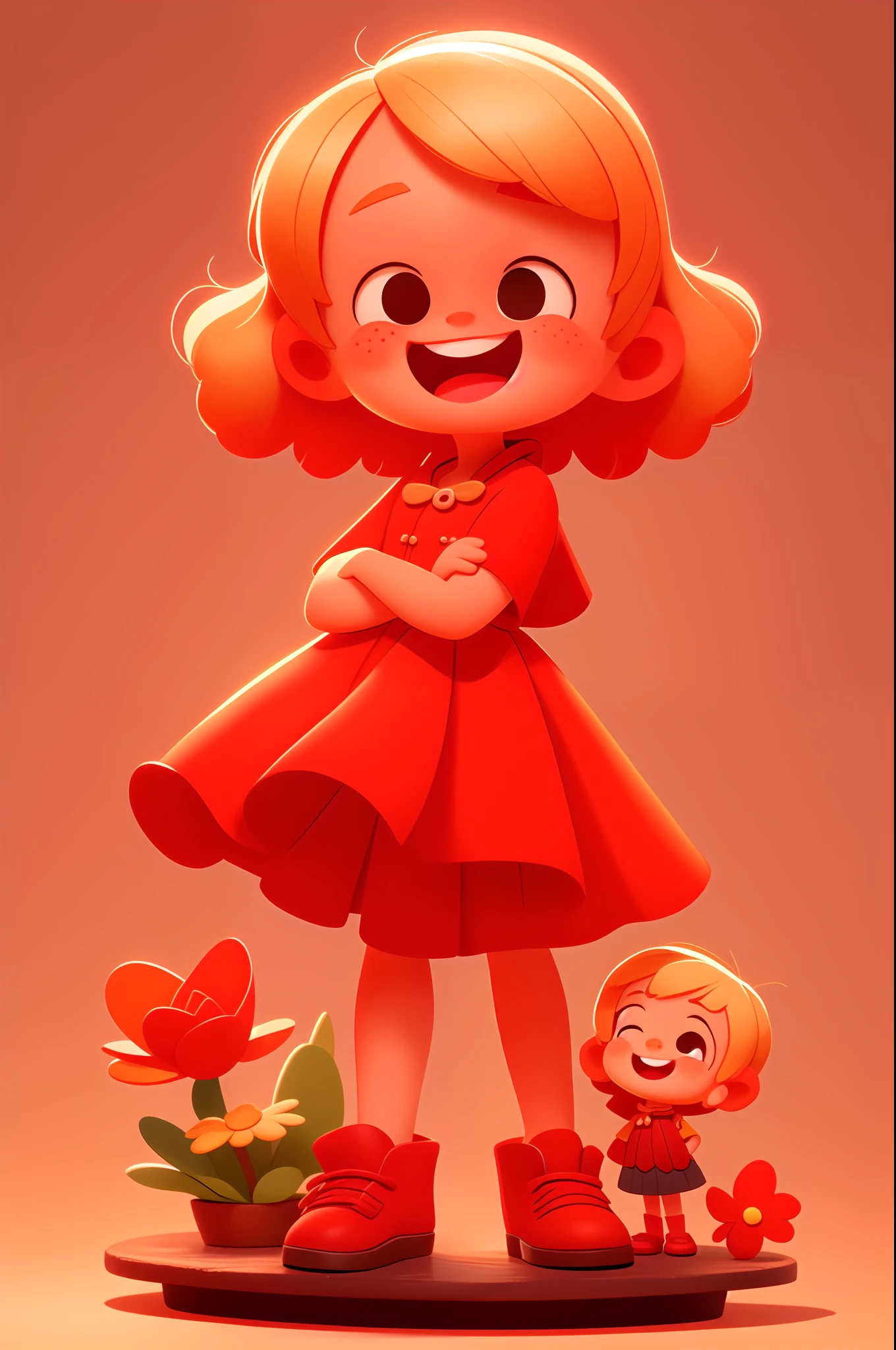 A happy cute girl standing with short blonde hair, wearing a long red dress, Pixar style, 3D, cartoon, detailed face