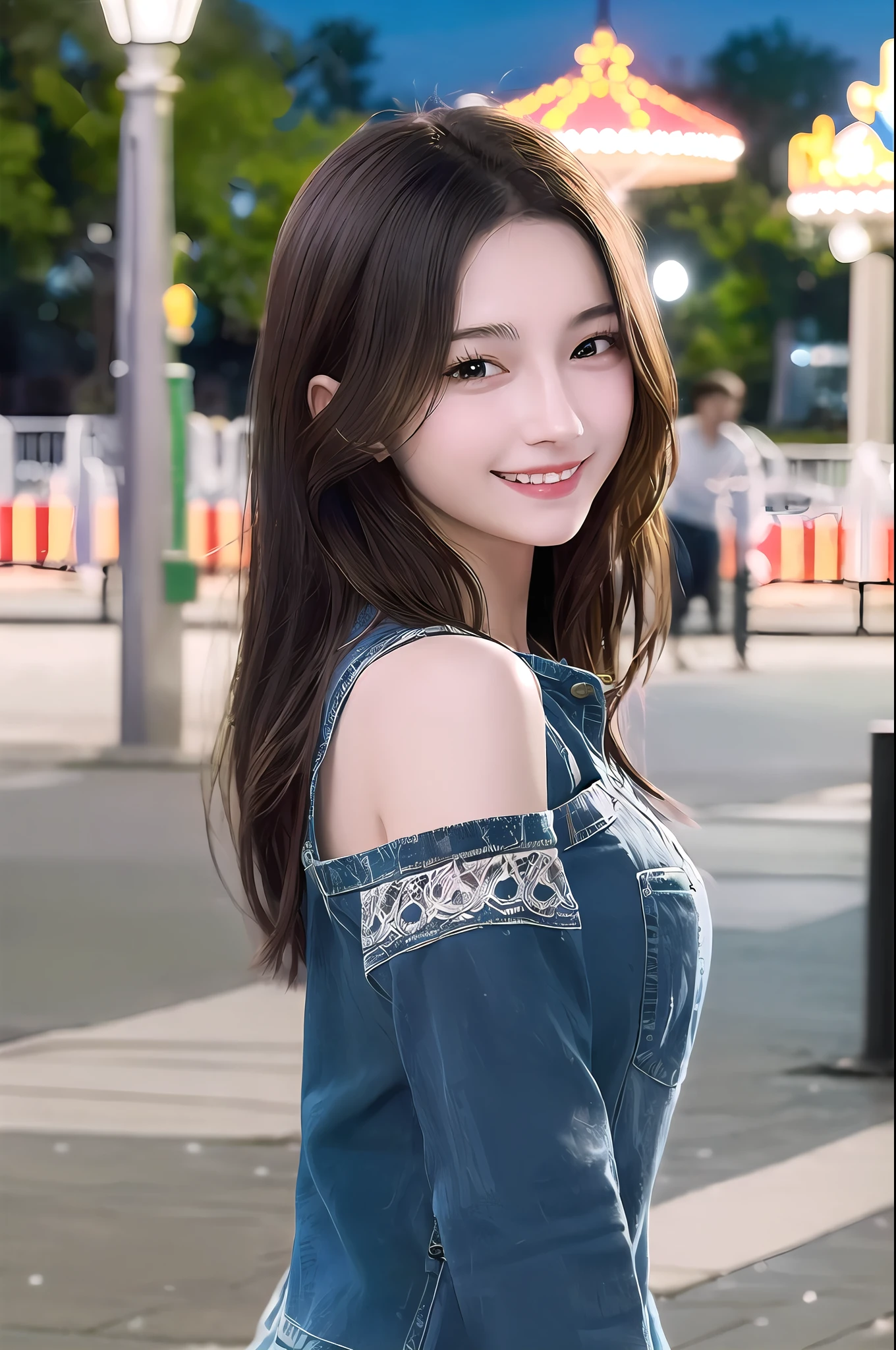 masterpiece, best quality, extremely detailed CG unity 8k wallpaper,
a cute girl,
girlfriend, casual clothes, smile,
amusement park, at night, detailed background, from side,