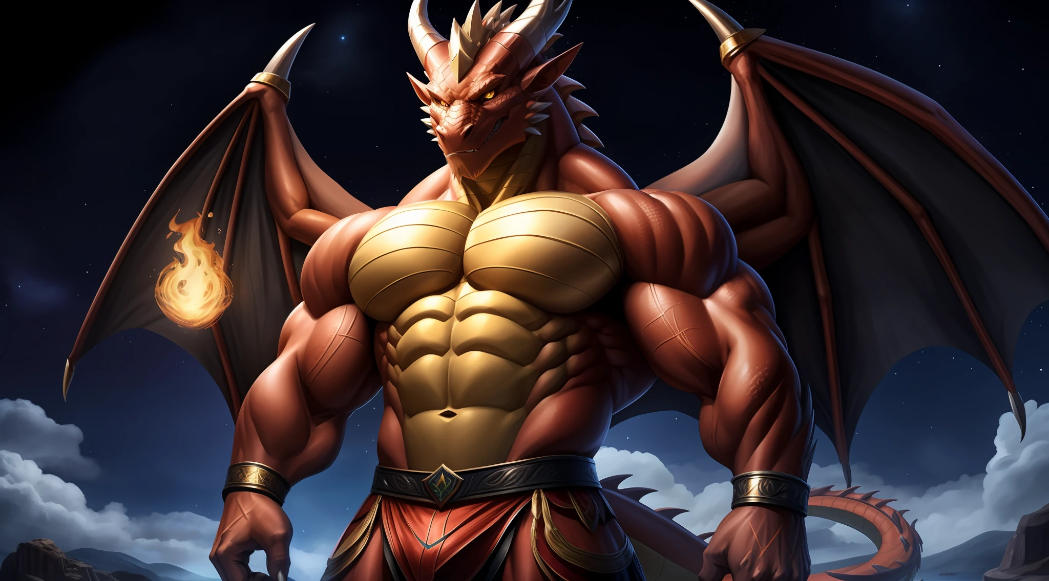 There is a yellow-eyed white dragon standing under the starry sky, anthropomorphic dragon, white dragon, as anthropomorphic dragon, giant monster dragon monster, muscle dragon man, man and dragon fusion, anthropomorphic dragon, realism, epic, thunder pattern, epic, realism, ultra-high resolution, Muscles: 3.0, hairless, huge pectoral: 1.1, well-defined eight-pack abs, broad shoulders, well-developed deltoids, huge biceps, anthropomorphic dragons, dragon body, human dragon art, muscular dragon man, man and dragon fusion, flame, realism, epic, long horns, dragon wings, starry sky