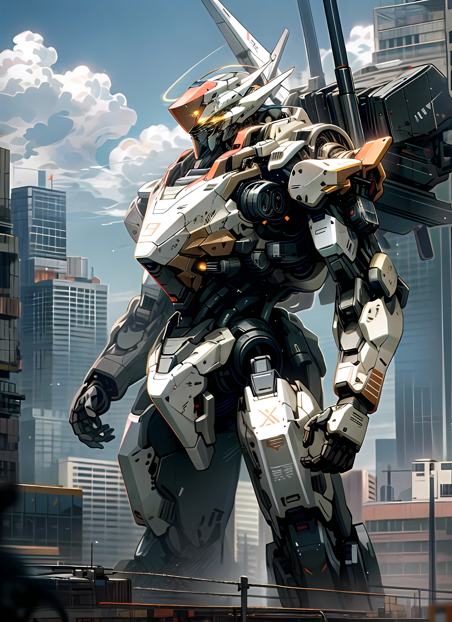 sky, cloud, holding_weapon, no_humans, glowing, , robot, building, glowing_eyes, mecha, science_fiction, city, realistic,mecha