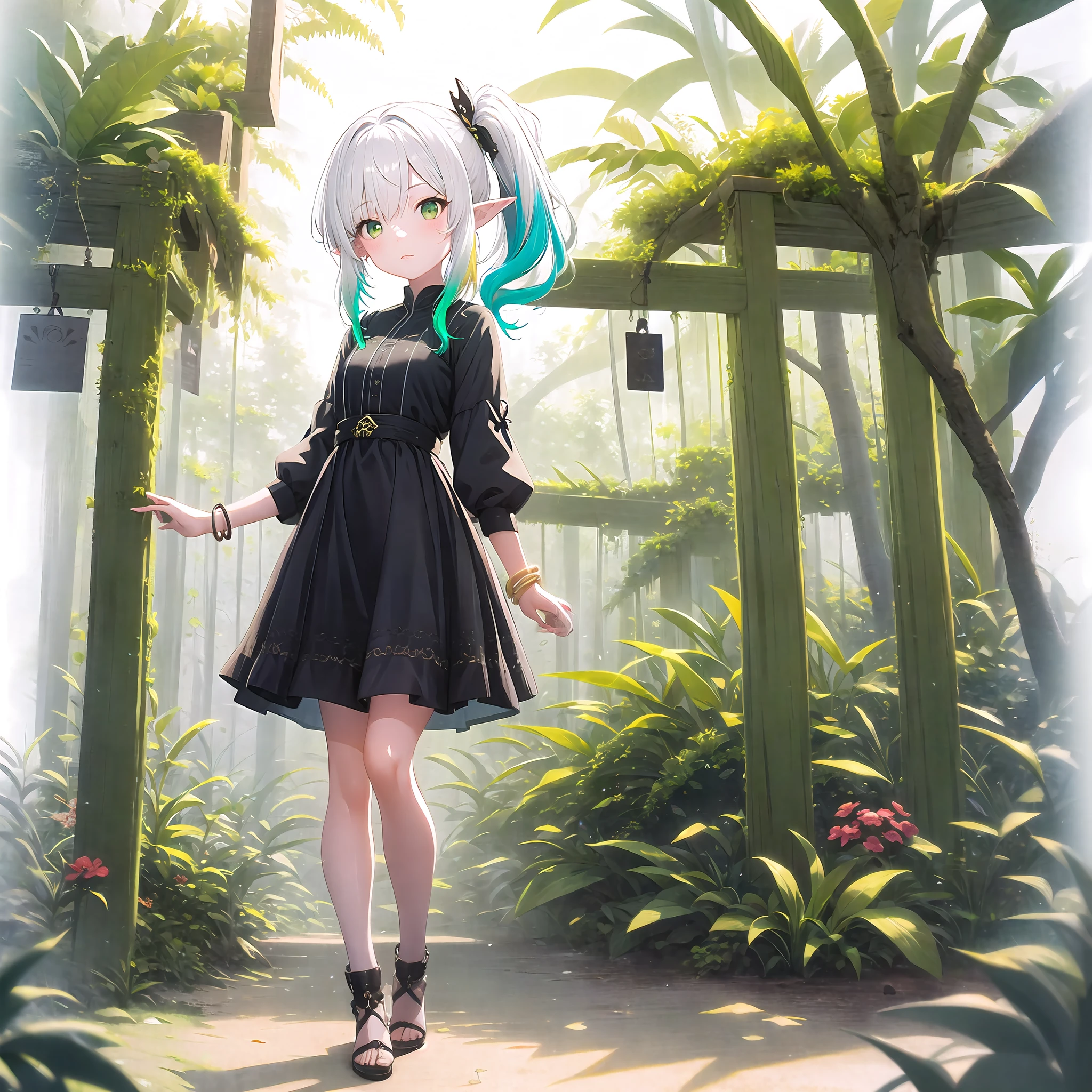 [(white background:1.5)::5], isometric , mid shot, full body, detailed illustration, detailed face and eyes, nahida, kid, 1girl, solo, green eyes, side ponytail, multicolored hair, pointy ears, dress, white hair, gradient hair, bracelet, hair ornament, jungle, full body,