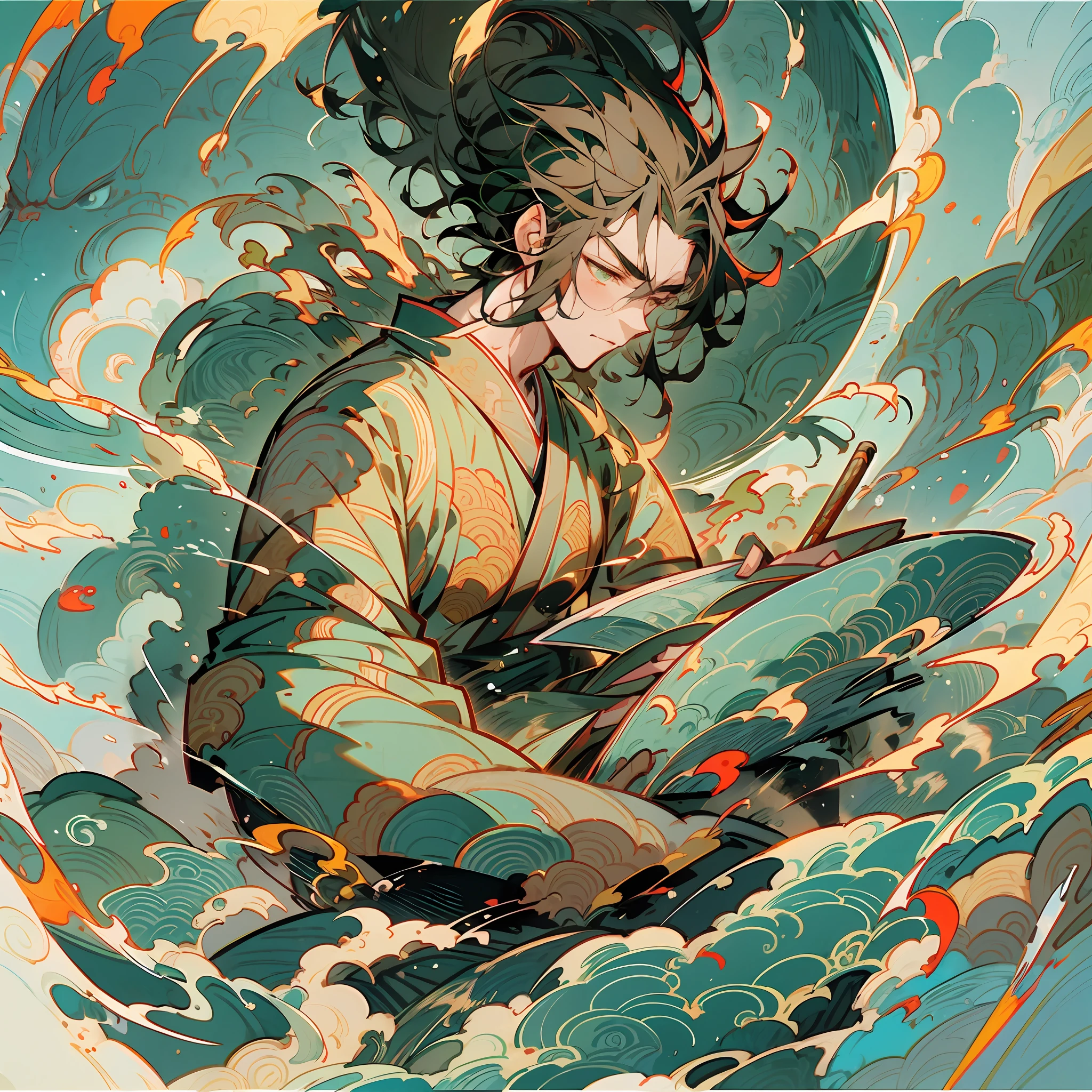 A Chinese manga image depicts a boy writing in front of a cloud, reading carefully, dragon art style, elaborate kimono, James Jane style, anime-style character design, marine academia, realistic but stylized, swirl, close-up, high quality --s 400, a huge Chinese green dragon hovering behind the boy