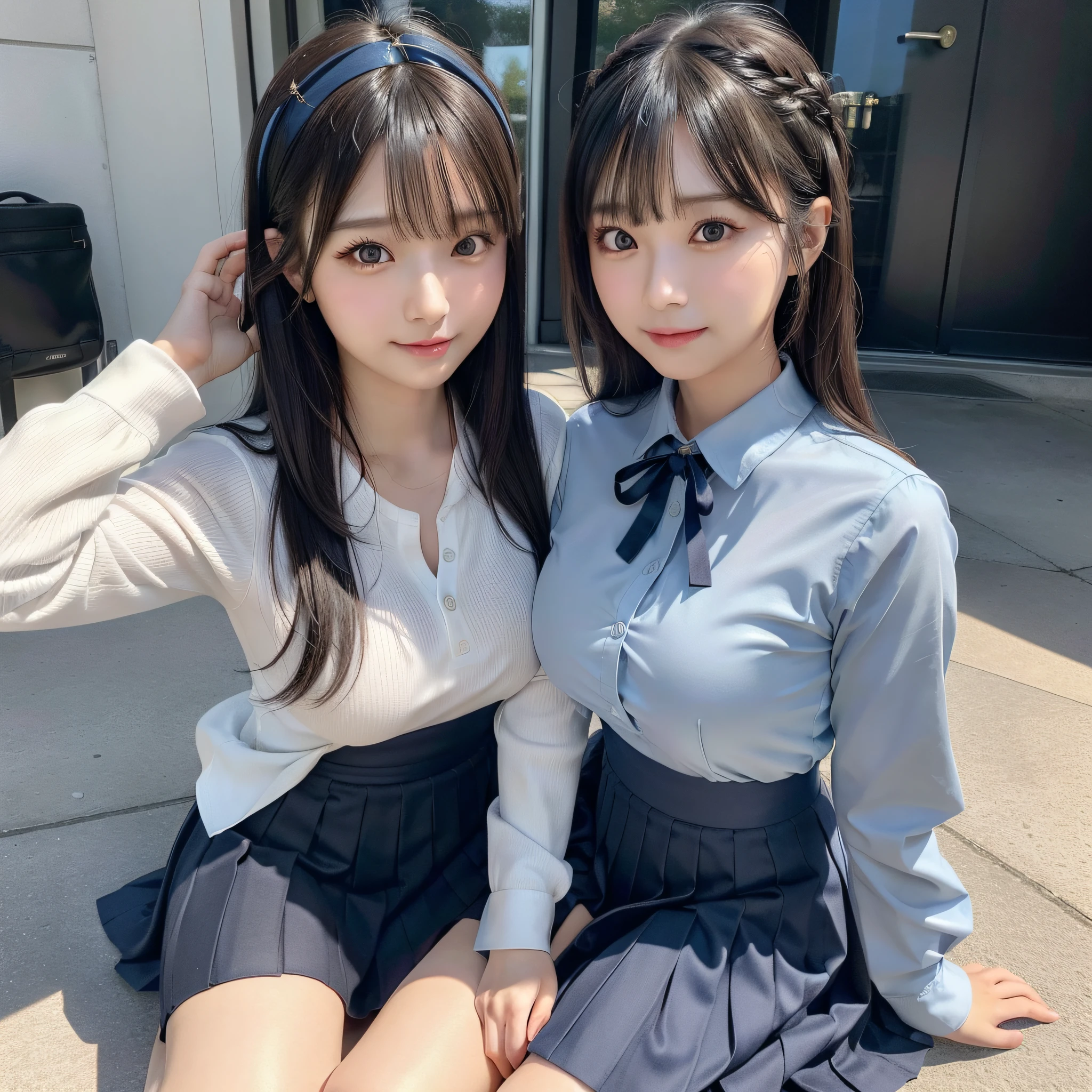 (pureerosface_v1: 0.66), best quality, ultra high res, (photorealistic: 1.4), 1girl, nice detailed eyes, heavy eye makeup, thin waist, blush, Kpop idol, (aegyo salt: 1.0), detailed eye makeup, swollen eyes, solo, perfect anatomy, (busty), (neckline), (slender), (black hair): 1), (looking at the viewer), sitting, crossed legs, chair, (original_alice), (light blue tie), (brown eyes), (zhuo), (alice_halo: 0.7), (blue halo), (smile), (happy), (pig's tail), (long hair), (long bangs), (blue file), (black hair bands), (long coat), (school uniform), (white long-sleeved shirt), (pleated skirt), (navy blue skirt), (bare feet), nsfw, depth of field, detail face, bright skin, nice detailed eyes, heavy eye makeup, thin waist, blush, detailed eye makeup, soil, perfect anatomy,