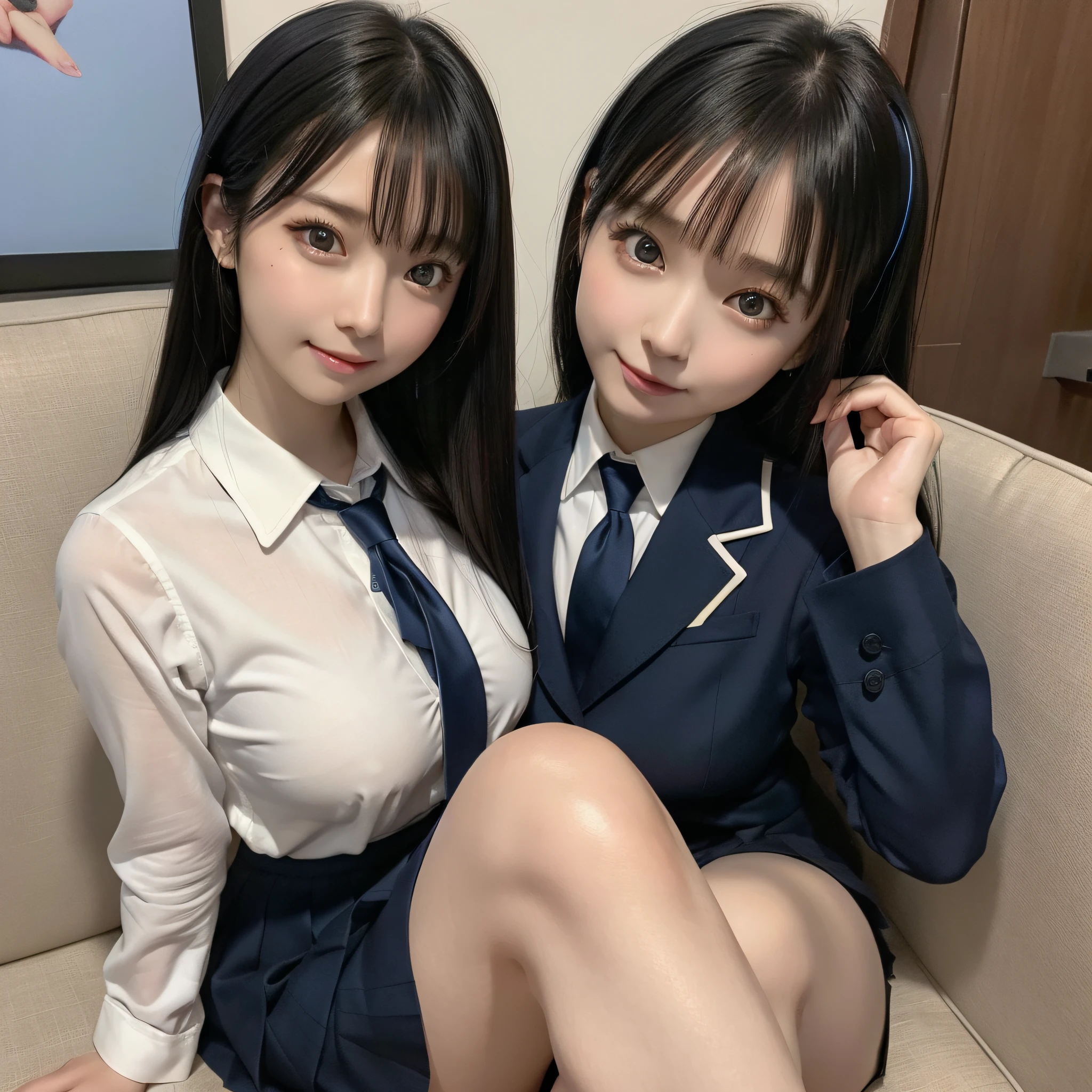 (pureerosface_v1: 0.66), best quality, ultra high res, (photorealistic: 1.4), 1girl, nice detailed eyes, heavy eye makeup, thin waist, blush, Kpop idol, (aegyo salt: 1.0), detailed eye makeup, swollen eyes, solo, perfect anatomy, (busty), (neckline), (slender), (black hair): 1), (looking at the viewer), sitting, crossed legs, chair, (original_alice), (light blue tie), (brown eyes),  (zhuo), (alice_halo: 0.7), (blue halo), (smile), (happy), (pig's tail), (long hair), (long bangs), (blue file), (black hair bands), (long coat), (school uniform), (white long-sleeved shirt), (pleated skirt), (navy blue skirt), (bare feet), nsfw, depth of field, detail face, bright skin, nice detailed eyes, heavy eye makeup, thin waist, blush, detailed eye makeup,  soil, perfect anatomy,