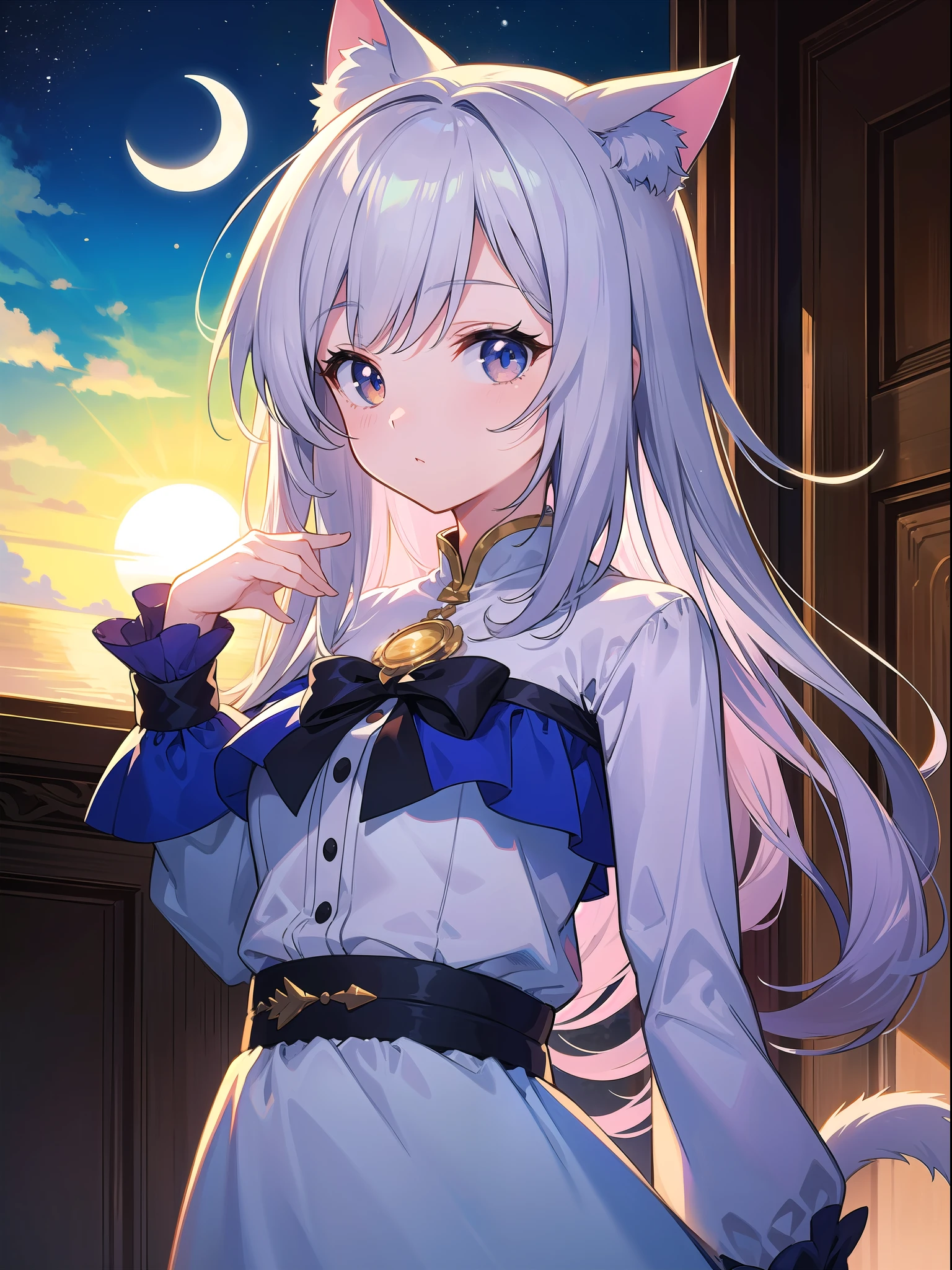 (Masterpiece), (Best Definition Animated Illustration), (Super Definition), One Girl, Solo, Beautiful Girl with Silver Hair, Cat Ears Loli, Sun and Moon