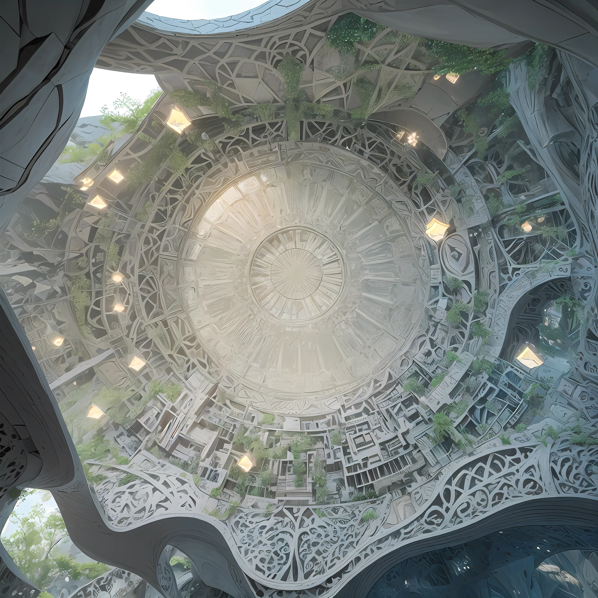 Futuristic Islamic architecture design of cave architecture concept art on desert oasis, islamic architecture, proportional,detailed, cave architecture nature meets futuristic architecture by Toyo Ito ,residential area, futuristic development, high rise balconies, full of rock and glass facades, residential spaces carved from cliff side ,trending on artstation, beautiful lighting,In the style of Arabic calligraphy masterpiece, fantasy, intricate, award winning, 4k, highest quality render --auto --s2