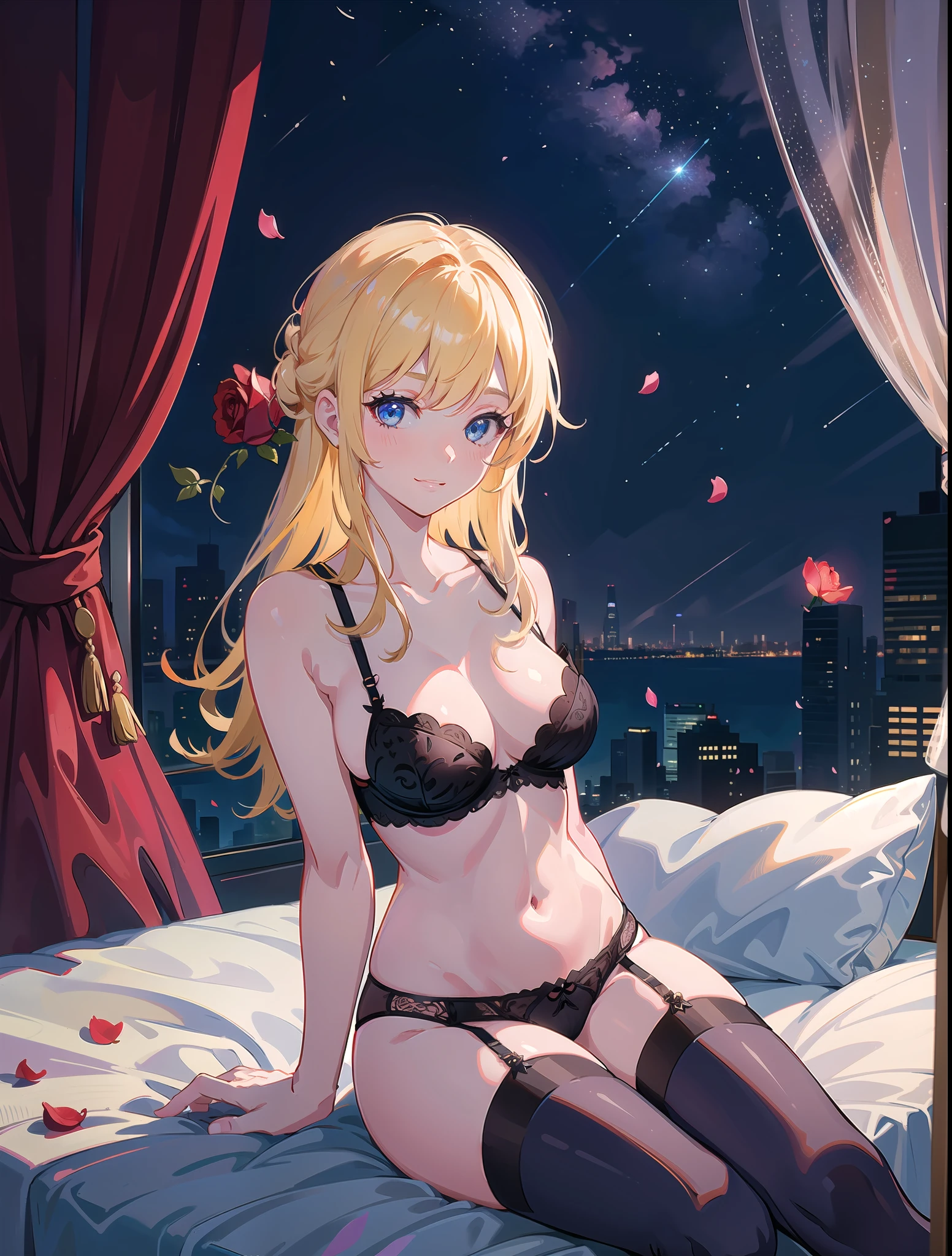 1girl, arm support, doll, bangs,bare shoulders, bed, bed sheet,

bedroom, black legwear, blonde hair,blue eyes, blush, breasts, city lights,

cityscape, cleavage, collarbone, curtains,falling petals, flower, garter straps,

indoors, jean (genshin impactl), largebreasts, lingerie, long hair, looking atviewer, navel, night, night sky, on bed,open window, panties, petals, pillow,rose, rose petals, sheet grab, sidelocks,sitting, sitting on bed, sky, skyline, smile,solo, star (sky), starry sky, thighhighs,thighs, underwear, window