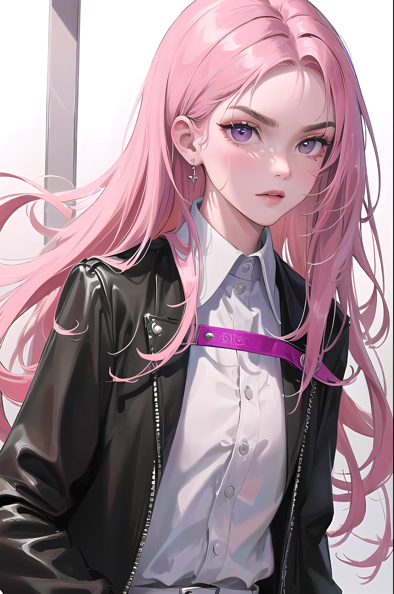 (highest resolution, distinct_image) best quality, feminine masterpiece, high detail, semi-realistic, (most body), long pink hair, bangs, 18 years old, young, black fit, pink-purple flight suit, stand up collar shirt, pointed face, (tan eyes, hair between the eyebrows), fluorescent long coat (broken glass), (pure white background), cold, serious, authoritative, powerful, (standing painting), (delicate facial features, exquisite facial features)
