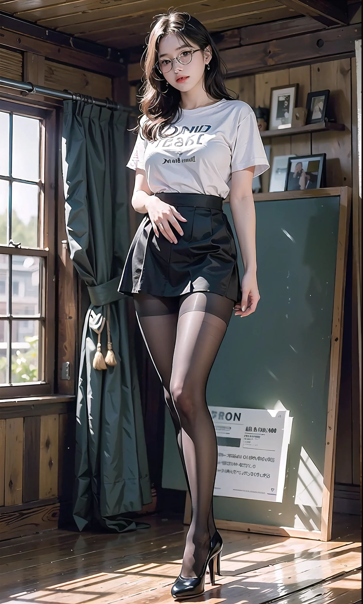 ulzzang-6500-v1.1,(raw photo:1.2), (photorealistic:1.4), beautiful detailed girl, very detailed eyes and face, beautiful detailed eyes, ridiculous, incredibly ridiculous, huge file size, super detailed, high resolution, very detailed, best quality, masterpiece, ((t-shirt)), illustration, very detailed, CG, unified, 8k wallpaper, amazing, fine details, masterpiece, Best quality, very detailed CG uniform 8k wallpaper, face light, movie lighting, 1girl, , long white hair, side split, (big breasts), (no panties)), (glasses), (dynamic pose), (sexy pose), ((camel toe))), (half), (pantyhose)), ((black hip skirt)), (bent knees))))))