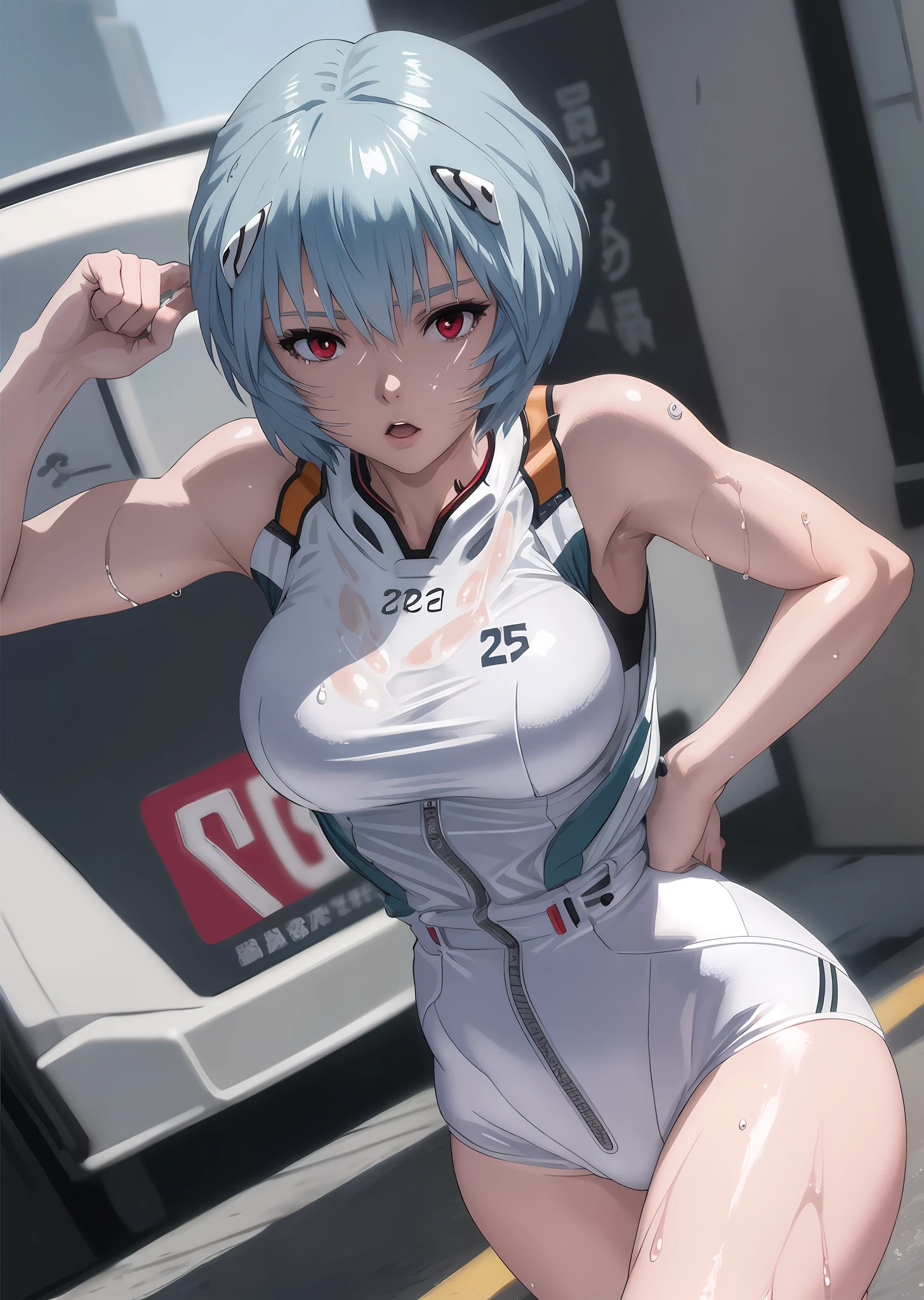 masterpiece, facial, liner, wet skin, solo, short blue hair, Ayanami Rei, red eyes, big breasts, athletic form, erotica