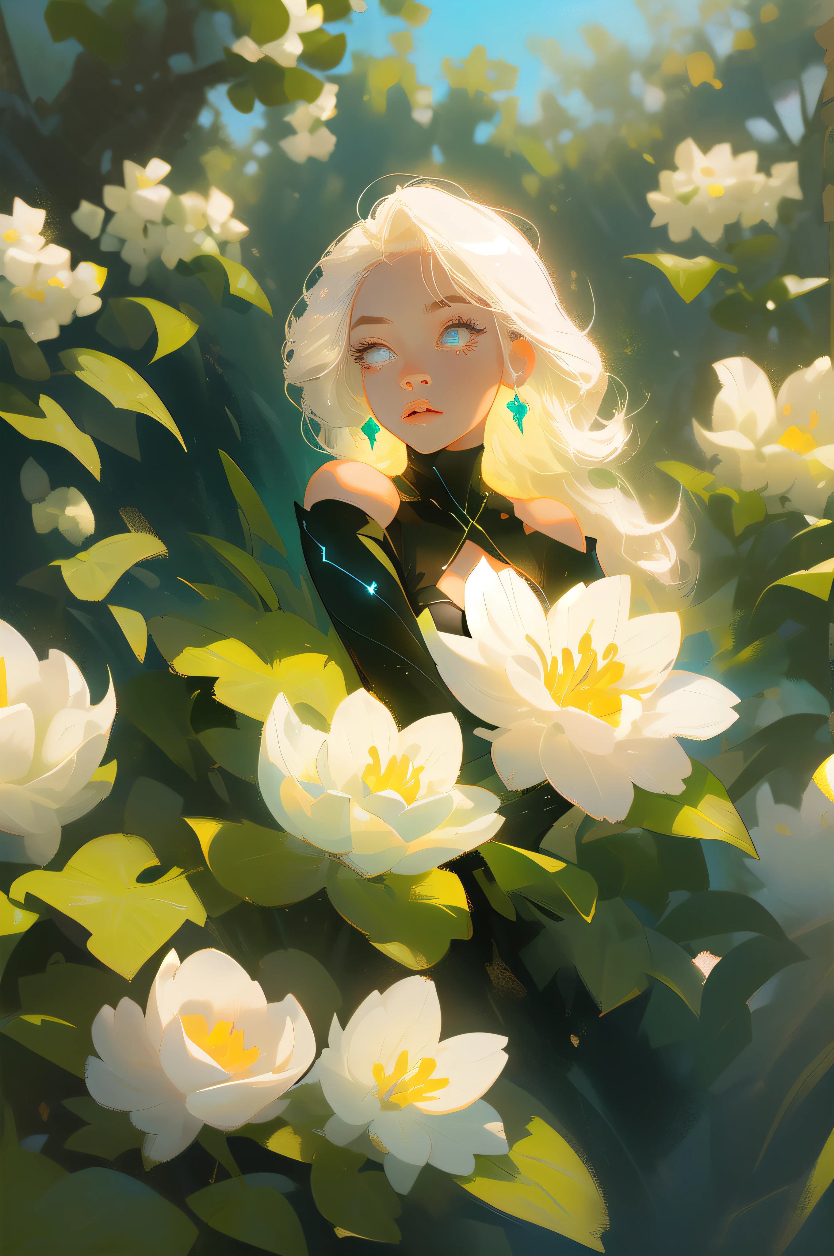 masterpiece, best quality, ultra high res,Fluorescent color,
1girl, looking at viewer, beauty face,beauty eyes,(off shoulder:1.2), looking up, upper body, plant,tree, shiny hair, shiny skin, glowing, glowing flower, cleavage, cleavage cutout,  chibi,