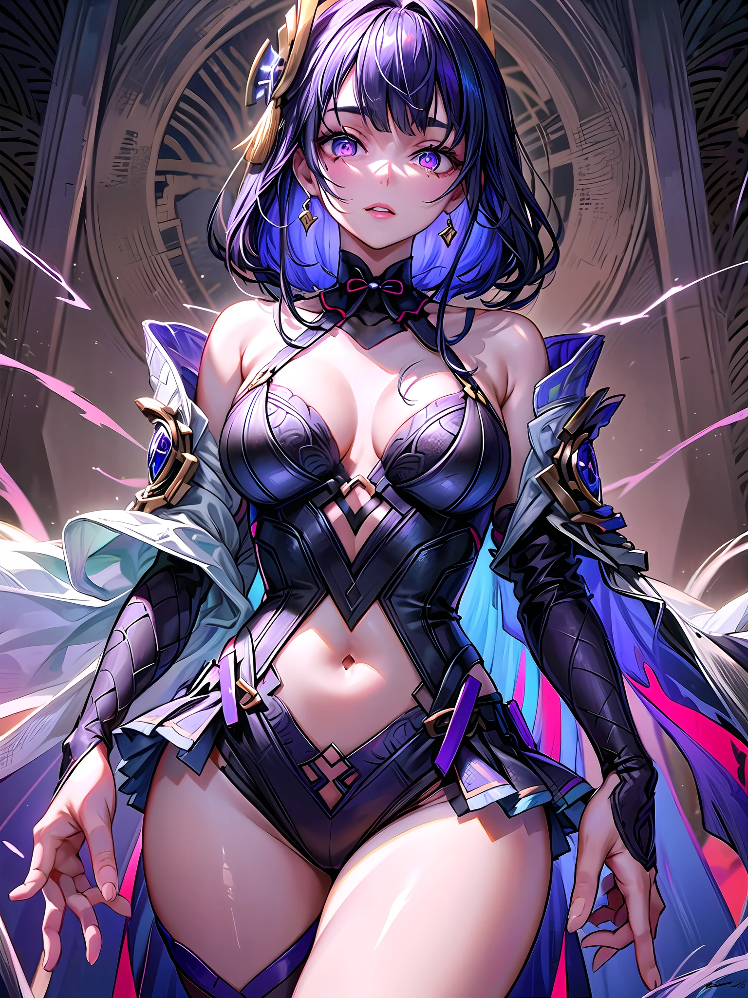 {background((unholy pattern:repetitive pattern(intricate figurative abstract background):1.3), {cowboy shot:0.7})}, BREAK ((solo)(Raiden Shogun, original outfit)): { (shiny luster pale skin:0.8, sharp and soft face:0.8), {highlighter on pupils:0.3}, {slightly plump lips:0.7, white lips:1.2, dark lips:0.45, pale lipstick:0.8, natural make-up:0.6}, {{lovely}, natural charm, gentle charm, bewitching:0.35}, deprivation:1.2}, (dimly lit, low key), (watercolor:0.3, ethereal painting:0.8), (sweetly detailed), ((best quality)), lightning aura, purple glowing eyes, dark purple hair, herrscher_of_thunder,