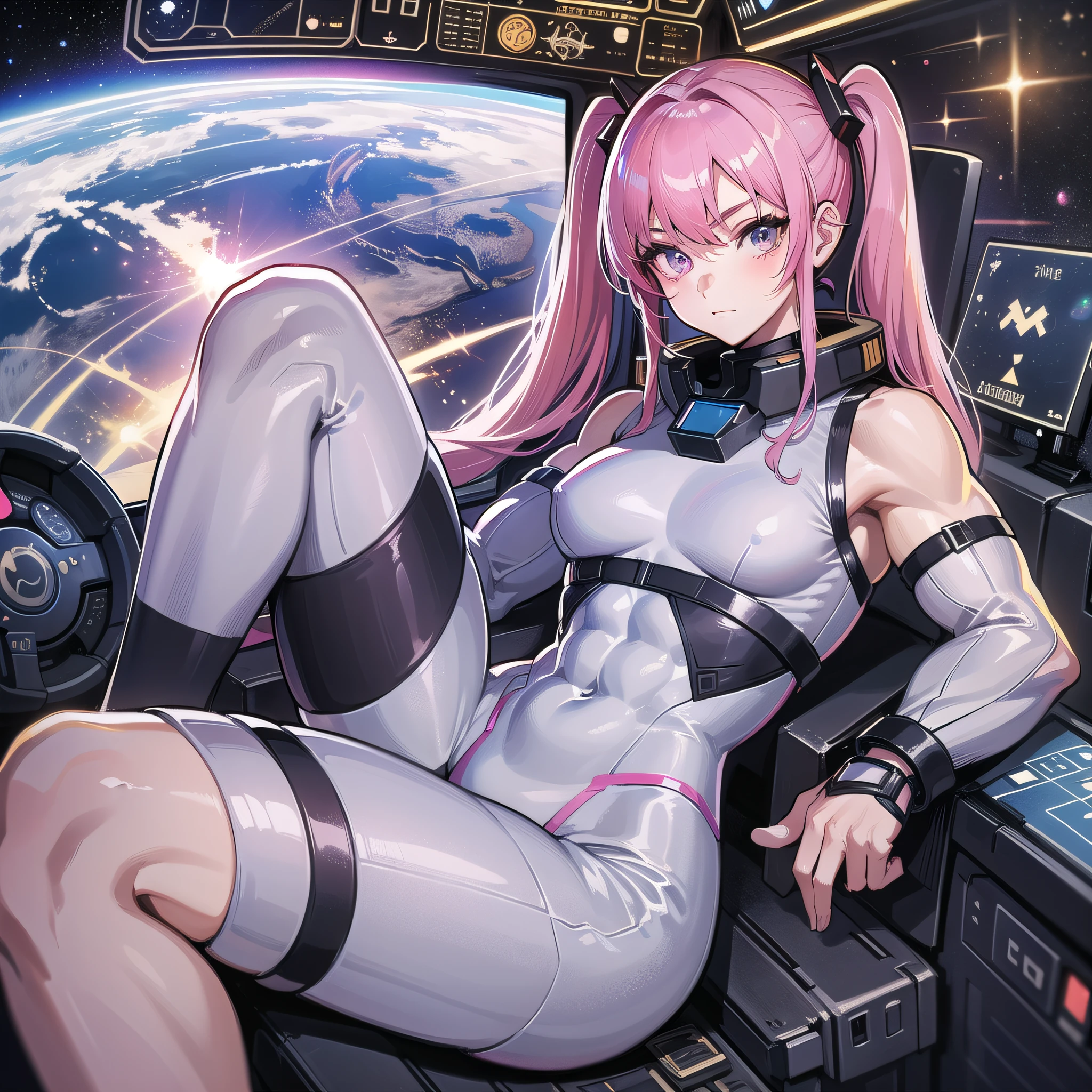 ((Masterpiece)), ((highest image quality)), ((highest image quality)), (illustration of one person), full-body, 25 years old, (face is a girl, body is a man)), (((pink hair twin tails)), light gray eyes, (((tall)), ((muscular strong body)), (muscular chest plate)), (muscular and thick arms)), ((muscular and thick legs)), (manspreading)), open legs, (( White pilot suit)), ((in the cockpit)), (Space on monitor, Earth seen from space, spaceport)