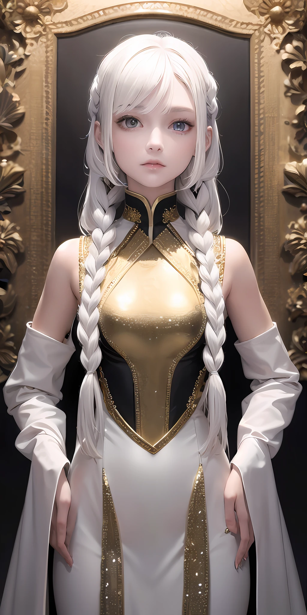 Excellent, masterpiece, white hair, golden eyes, looking up, upper body, hair, fair skin, side braids, clothes transparent white silk,
