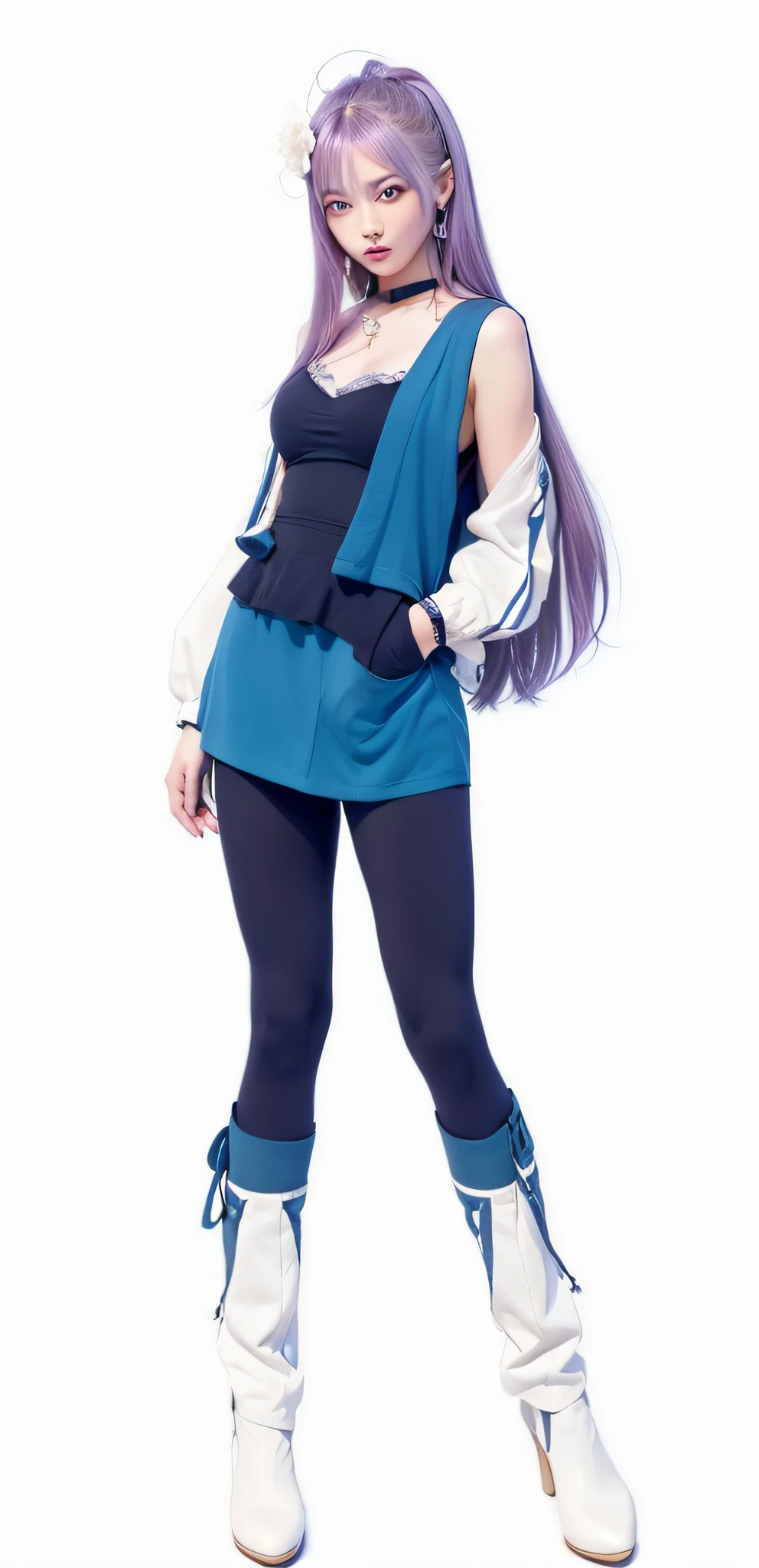 1 girl, full body: 1.2, perfect anatomy, highly detailed face and eyes, (blue eyes), gray hair: 1.7, smile: 0.3, 20 years old, muscular: 1.5, (earrings, bra: 1.5, white mini skirt), blurry background, (8k raw, photorealism: 1.5, masterpiece, emphasis, night, midnight, dark, rtx, photorealistic lighting, photos taken in ancient Japan, Highly detailed flowing hair, realistic hair, realistic shadows, absurdity, hyper detail, 4k, (beautiful girl: 1.4), (masterpiece), ultra detailed, (best quality), (ultra high resolution), (masterpiece), photorealistic: 1.3, more eyeshadow, balanced pupils, symmetrical pupils and iris, chromatic aberration: 0.8, delicate hands, purple realistic hair, shirt with exposed chest and shoulder skin,