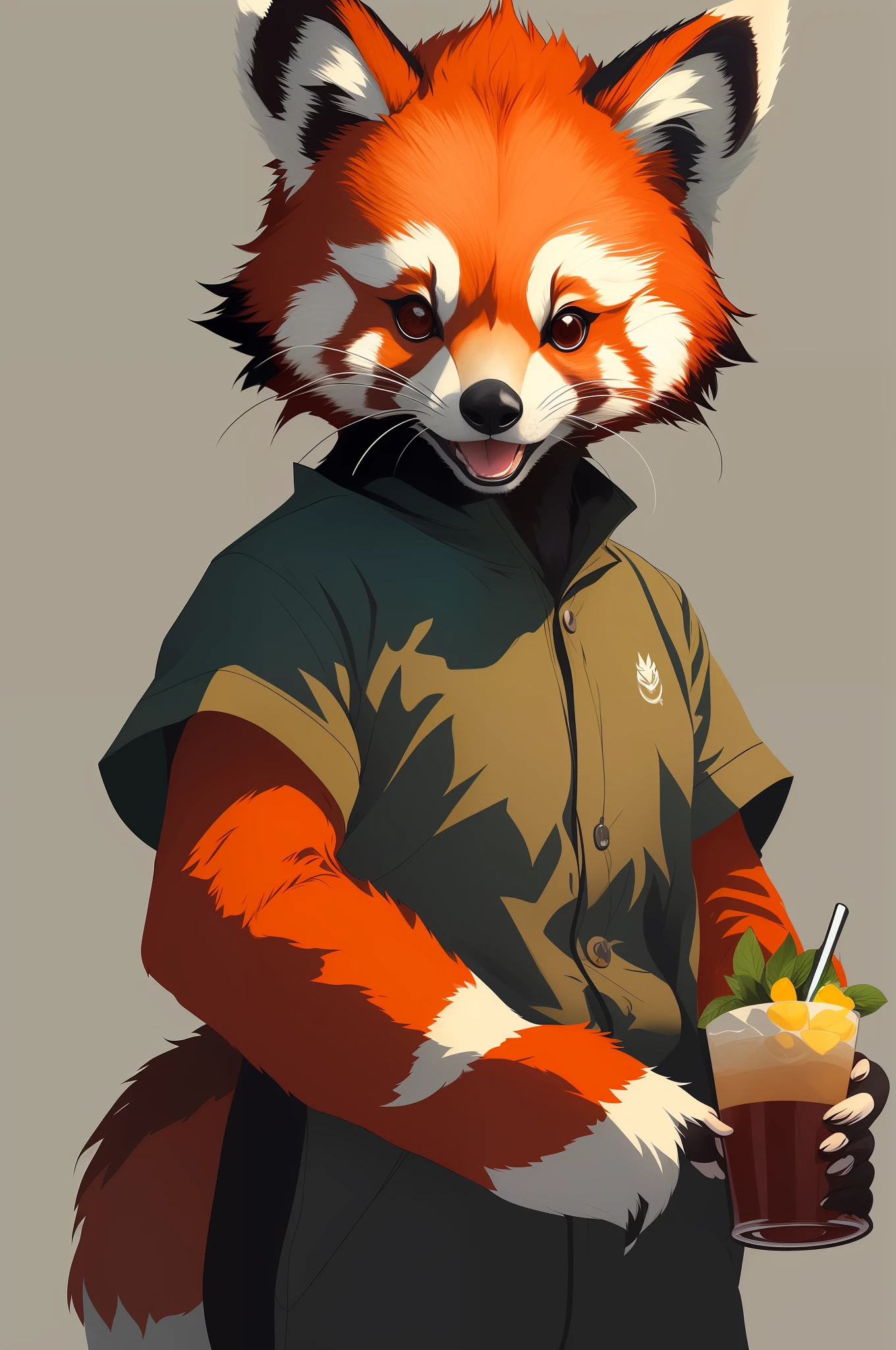 There is a red panda holding a drink and a cup, anthropomorphic furry art, red panda, furry artist, cute digital painting, furry character portrait, digital painting highly detailed, highly realistic concept art, great character design, floral art, furry character, furry art, portrait of a human fox, highly detailed delicate fan art, white hair, hand details, showing fangs