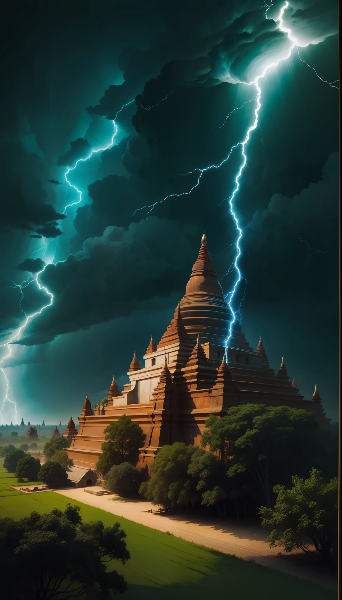 Bagan, green and blue lightning, thunder, magical