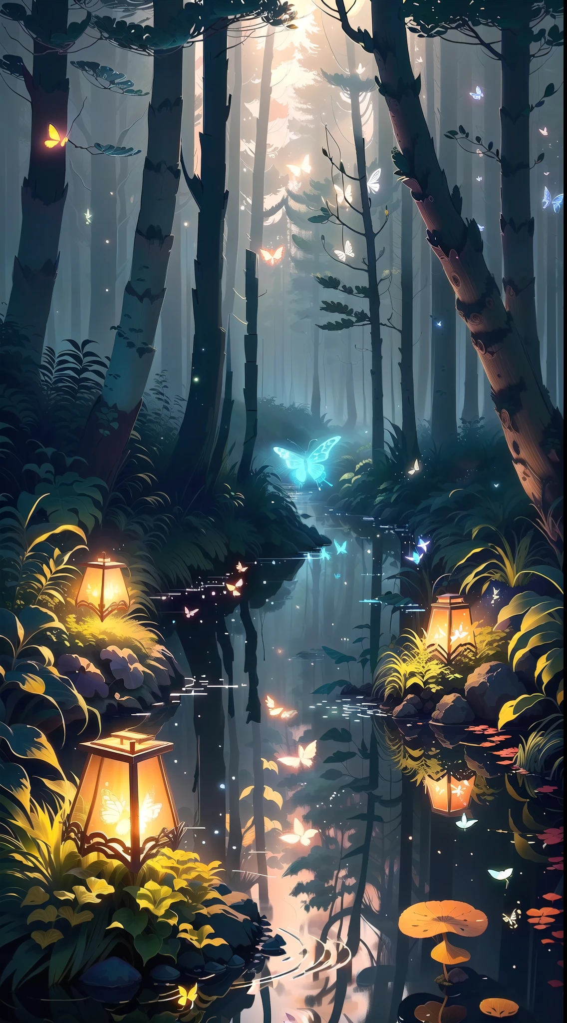 Not too many colors, uniform style, masterpiece, best quality, extremely beautiful reflection, best reflection. (Very detailed CG unity 8k wallpaper), (best quality), (best illustration), (best shadow), forest theme with natural elements. Tall trees, quiet streams, glowing small mushrooms, surrounded by delicate leaves and branches, and fireflies and glowing particle effects, (natural elements), (jungle theme), (leaves), (branches), (fireflies), butterflies, (delicate leaves), (glow), (particle effects). , isometric 3D, Octane rendering, ray tracing, super detailed