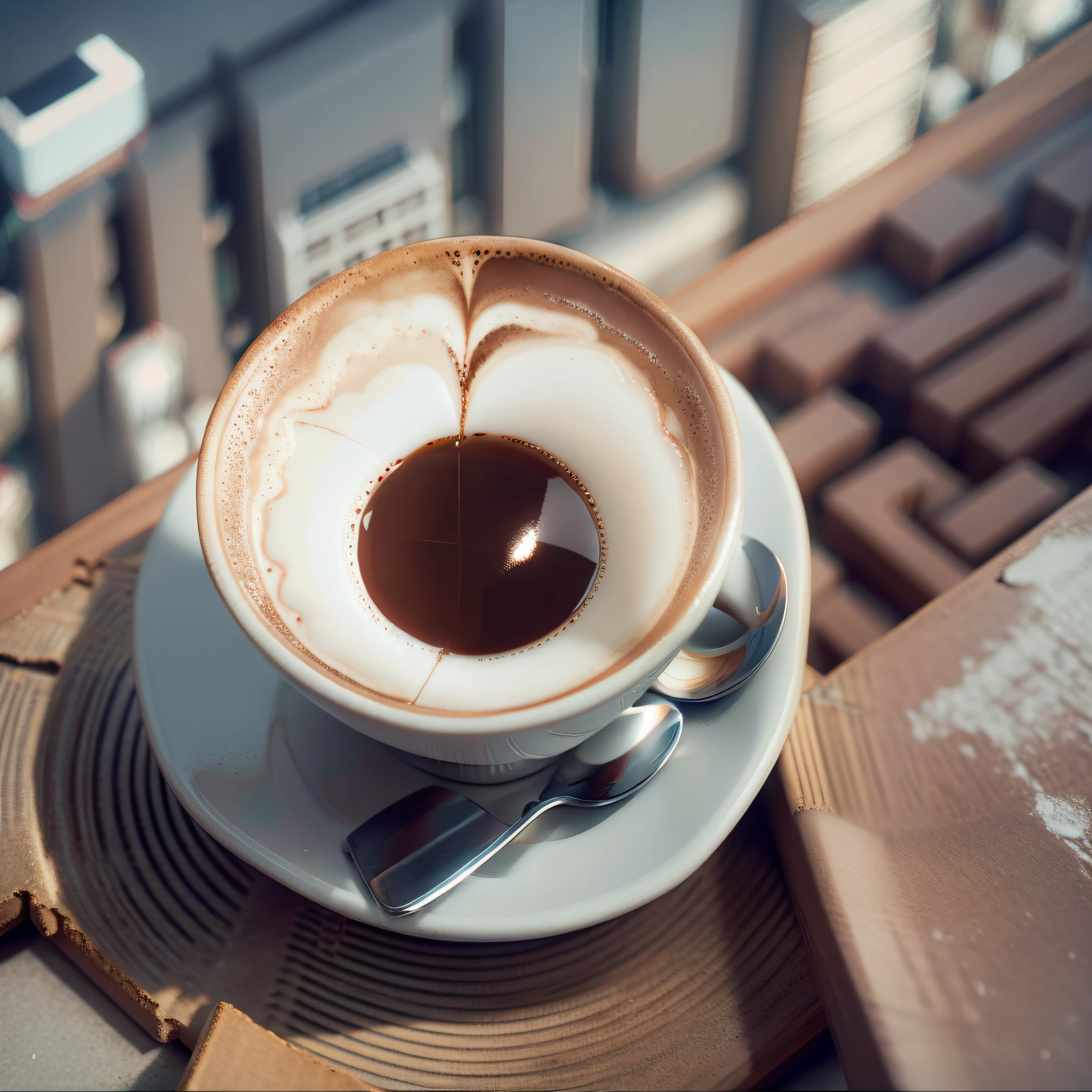 A cup of coffee seen from above, with a backdrop of a construction site of a building, illuminated by the soft indirect light of 7 a.m.