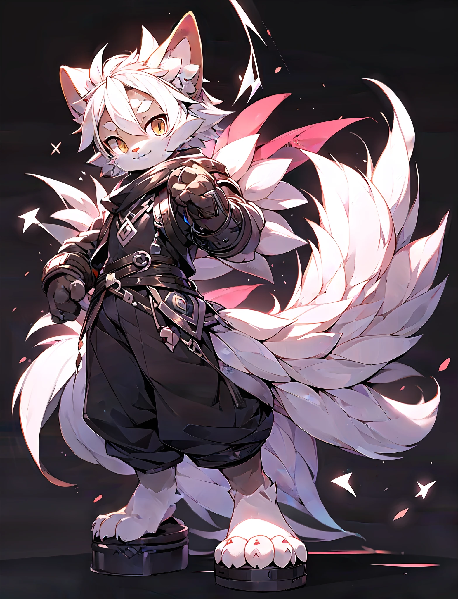 best quality, tail, solo, cat ears, white hair, cat tail, 1boy, gloves, animal ear fluff, standing, full body, looking at viewer, black background, rackanimal,balck background,