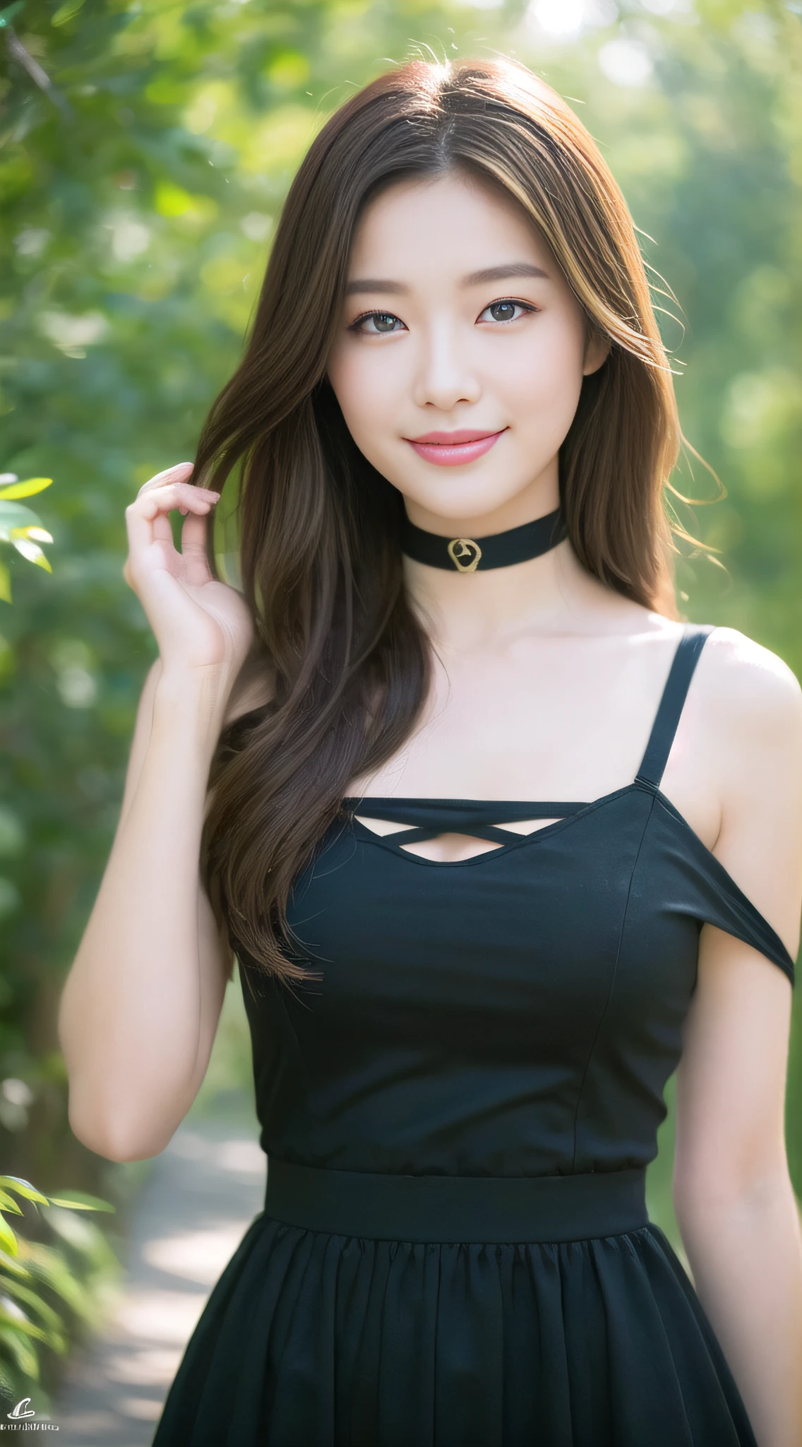 ((Best Quality, 8K, Masterpiece: 1.3)), Bondage Costume (5) Upper Body (1.3), Focus Clear: 1.2, Glossy Skin in the Light, Outstanding Beauty: 1.4, ((Brown Hair, Colossal: 1.2)), Highly Detailed Face and Skin Texture, Not Too Dark Parallel Eyebrows Detailed Eyes, Double Eyelids, Smile (1.3) Natural Makeup, Walking in the Sun Through the Trees (5)