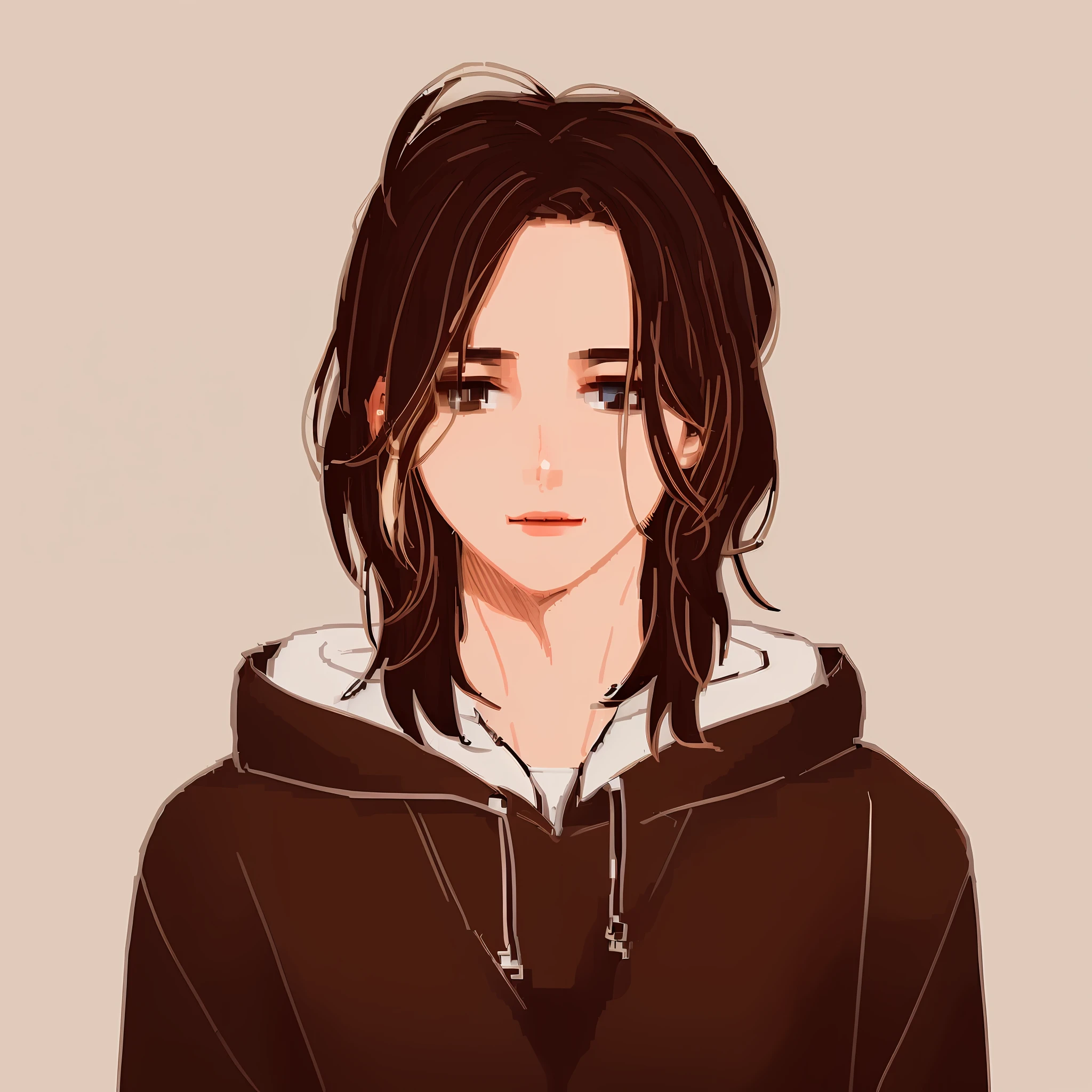 ((pixelart)) 1girl, solo, brown hair, plain background, white background, portrait, (brown hair: 1,3), (black short-sleeved shirt), pixel art, pale skin,