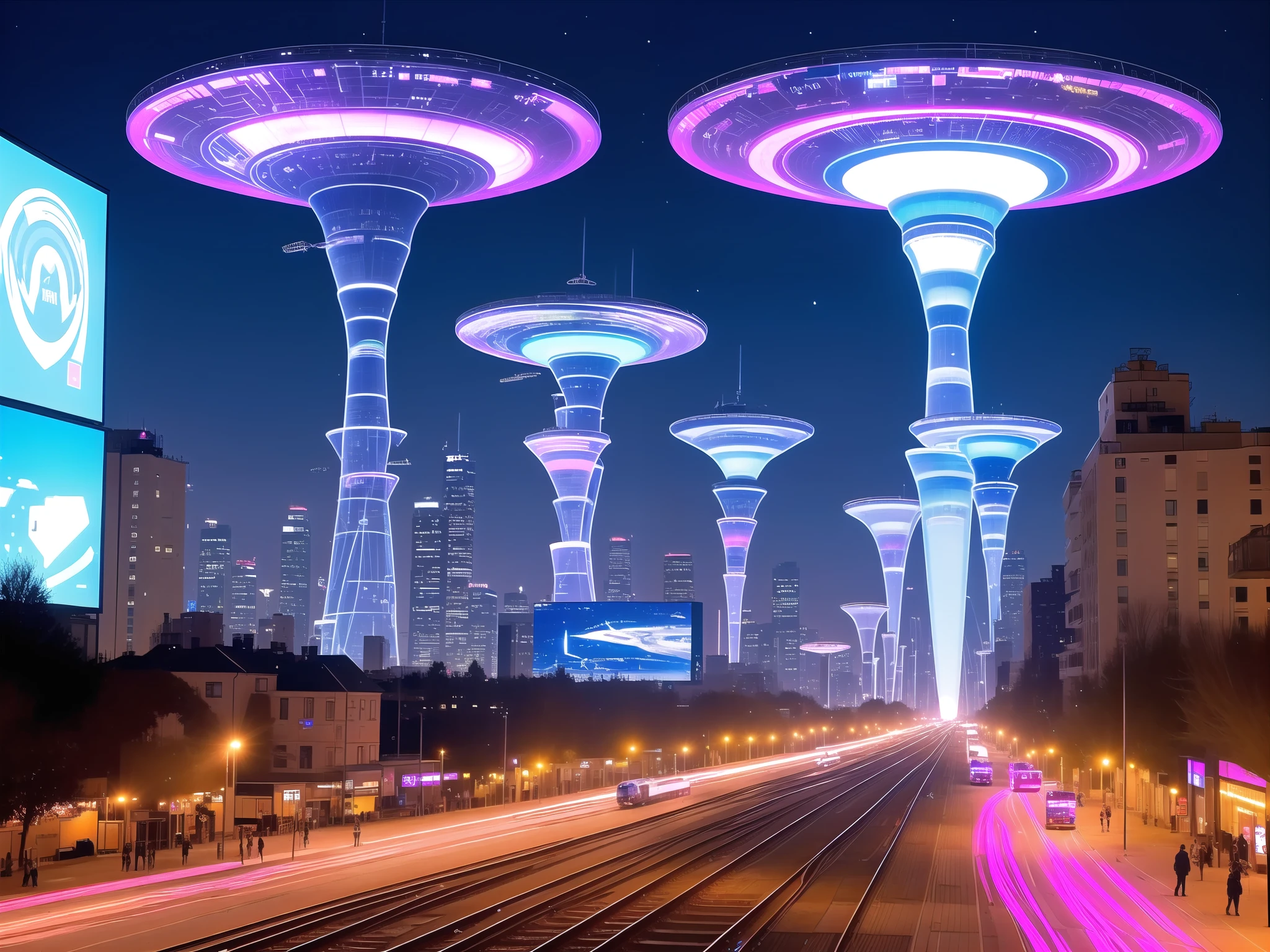 The technological city is a spectacle of lights, colors and shapes. Tall, curved buildings tower over the busy streets, where flying cars and magnetic trains circulate. Holographic screens display advertisements and information, while drones and robots perform a variety of tasks. In the sky, a huge space station glows like an artificial star. The futuristic landscape reveals the advancement of science and technology, but also the challenges and conflicts facing humanity.