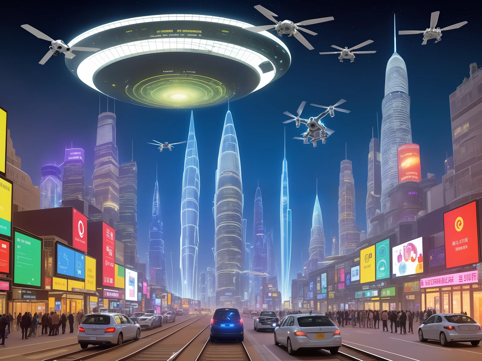 The technological city is a spectacle of lights, colors and shapes. Tall, curved buildings tower over the busy streets, where flying cars and magnetic trains circulate. Holographic screens display advertisements and information, while drones and robots perform a variety of tasks. In the sky, a huge space station glows like an artificial star. The futuristic landscape reveals the advancement of science and technology, but also the challenges and conflicts facing humanity.