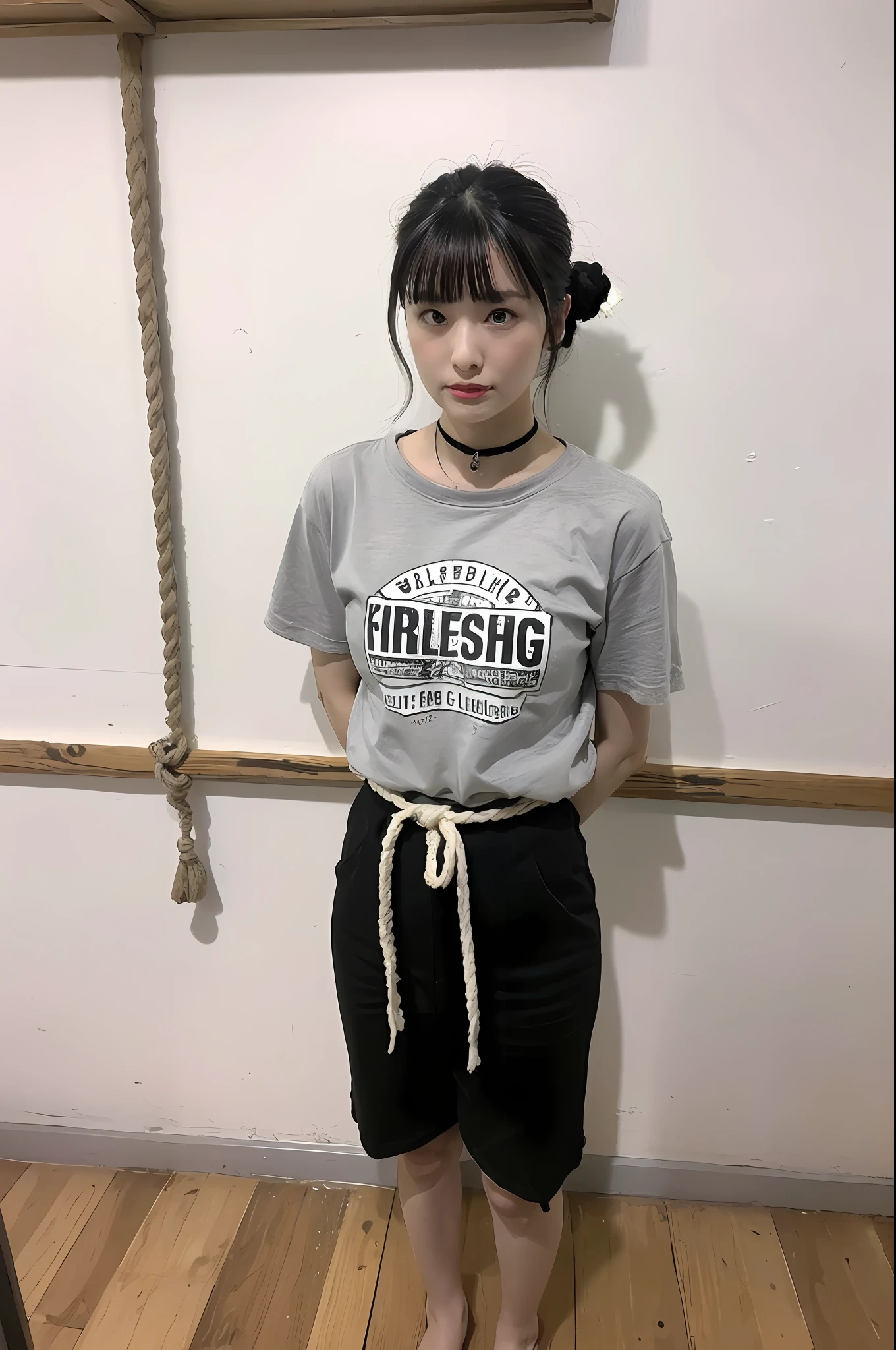 (8k:1.27), best quality, masterpiece, ultra highres:1.2), lesbian delinquent girl with medium length hair and arm tattoos, tattooed girl, full body picture, dirty old pink oversized knotted prisoner t-shirt, dirty big pink t-shirt with prisoner number written in t-shirt, short big sleeves, white prisoner pants tied with a rope, wearing dirty old goth clothes, shoulder length brown bob hairstyle, brown hair pulled back snooki style, blonde highlights, standing in the prison gallows next to a noose, about to be executed, hanging execution, handcuffed, hands tied with rope behind body, submissive neck choker and checkered keffiyeh scarf in neck, 4k or 8k picture, looking at the floor down very sad, very sad face, smelly, barefoot, rope noose hanging from ceiling, tattooed body, noose rope hanging