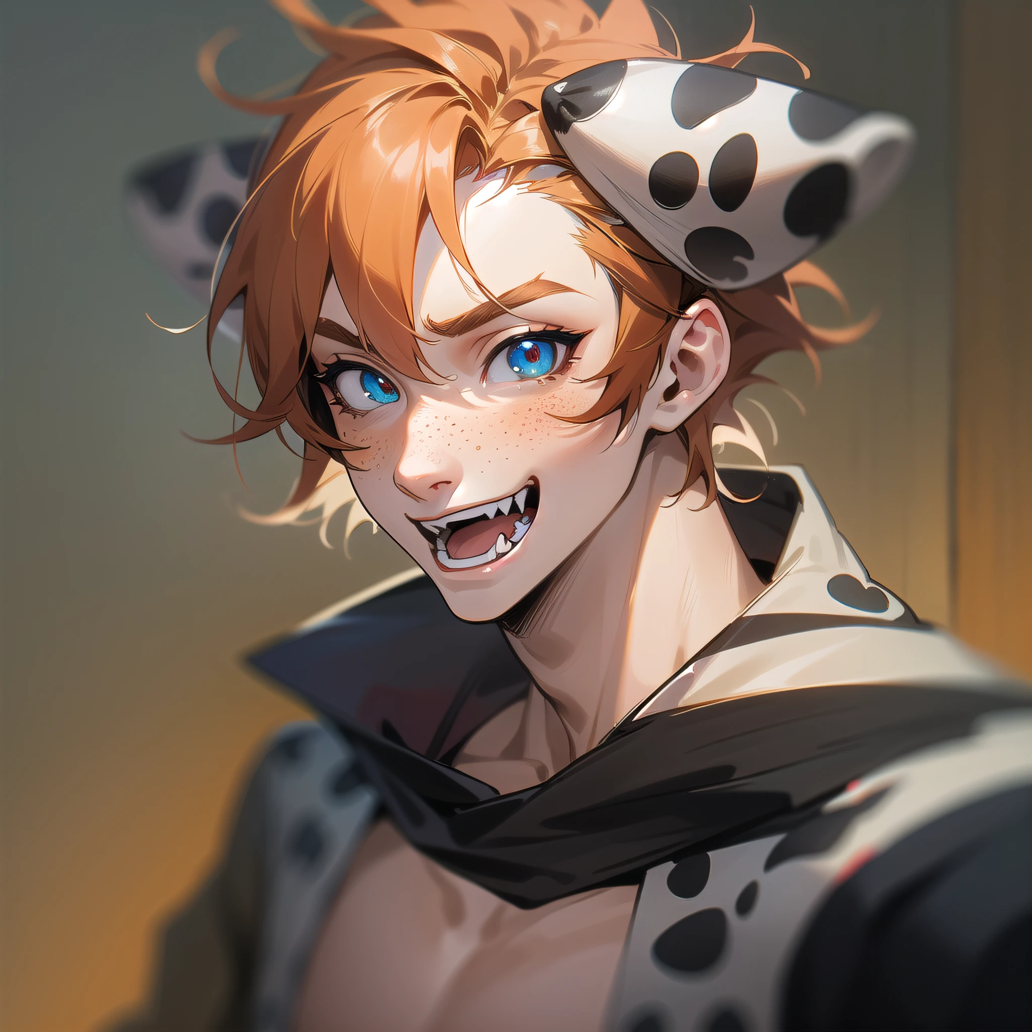 1boy, dogboy, dalmatien hybrid, dog ears, unique, sharp fangs, ginger hair, large freckles, puppy, captivating eyes, distinctive features, solo, RAW full body photo of a male dog hybrid, masculine, 20yo, sharp focus, detailed face, short hair, cinematic lighting, intricate background, blurry foreground