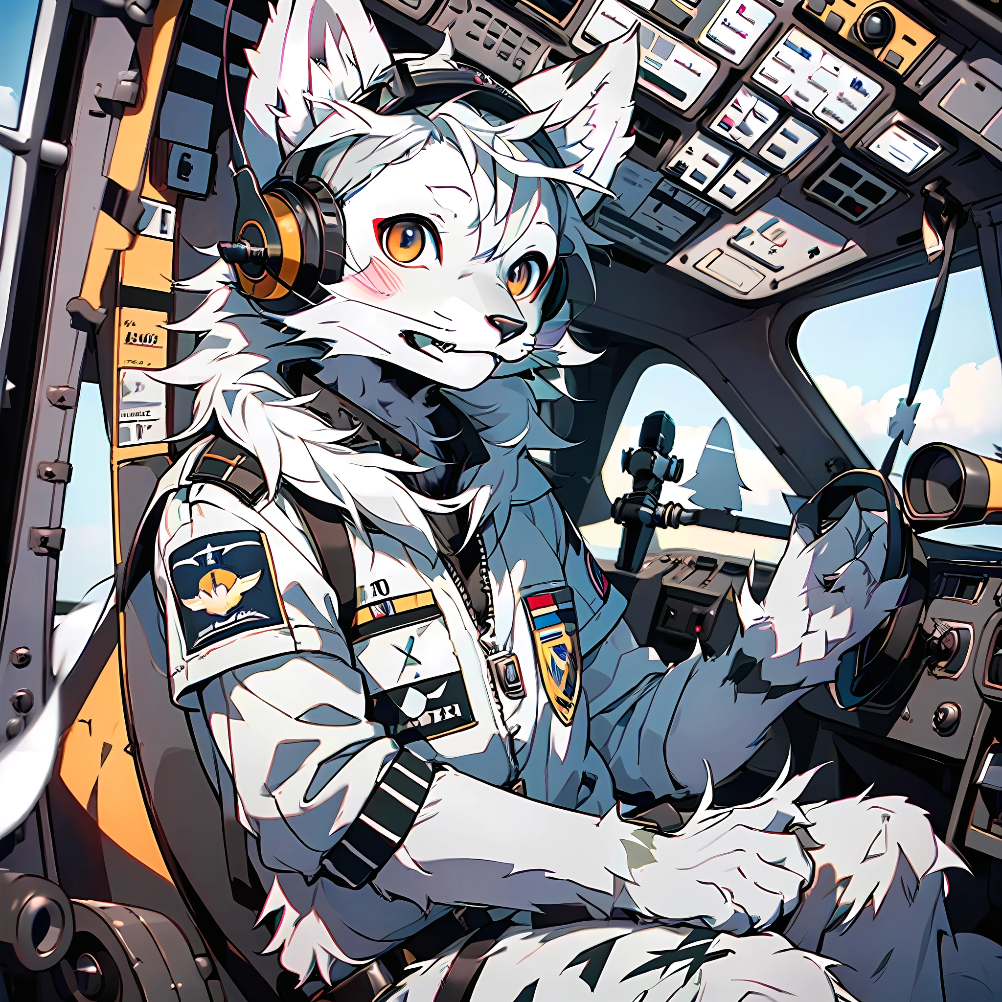 high detail, hyper quality, high resolution, 1080P, solo, furry, (male arctic fox: 1.5), (gray fur: 1.5), (gray skin: 1.5), gray ears, golden eyes, sharp claws, (fluffy tail: 1.2), detailed figure, (furry of animal ears), wearing a pilot suit, with pilot headphones, (( Sitting in the cockpit of a WWII fighter to fly an airplane flying in the sky)), ((in the cockpit of an airplane))
