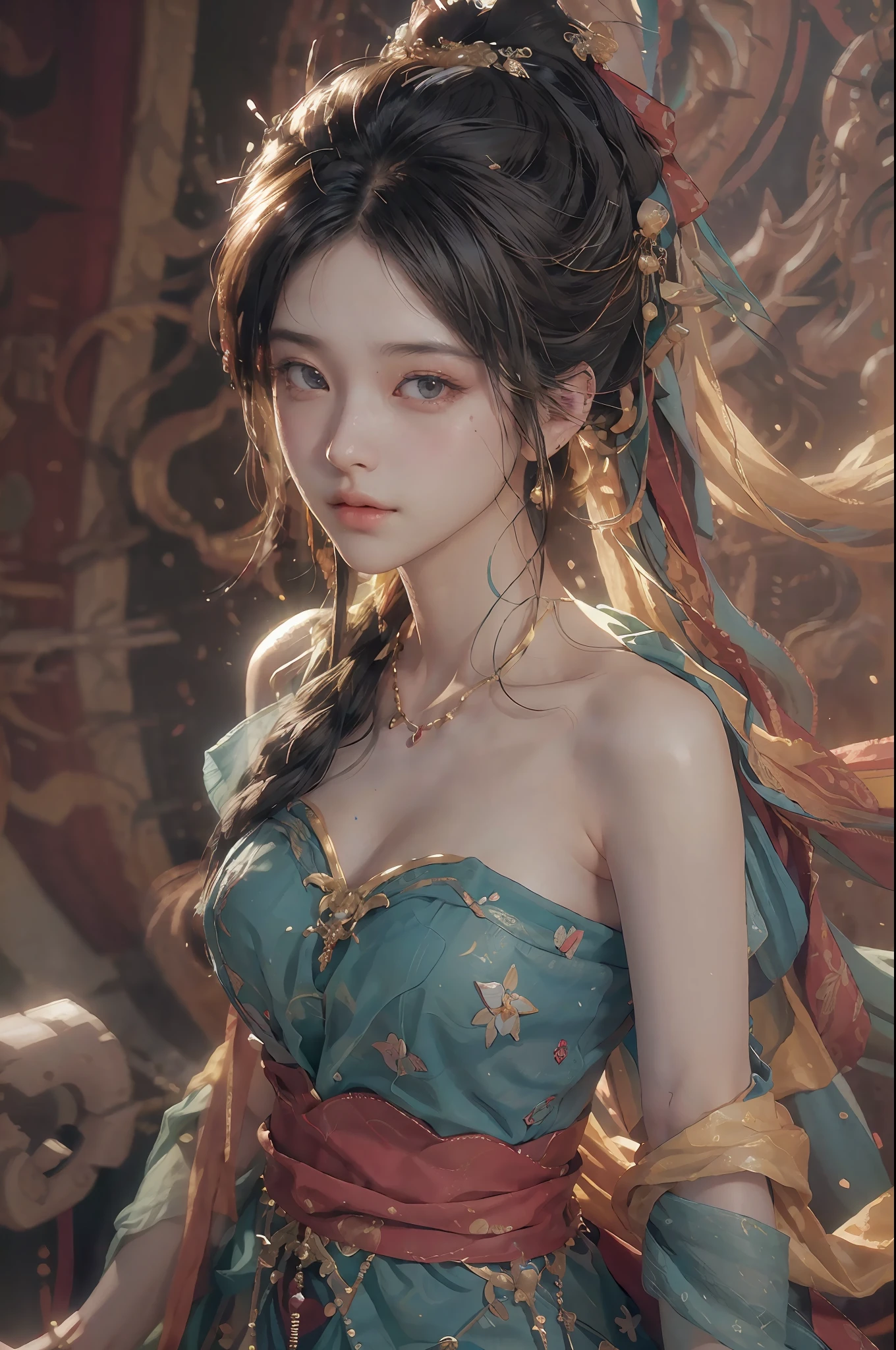 (RAW photo, best quality), (realistic, photo-realistic:1.3),best quality,highly detailed,masterpiece,ultra-detailed,illustration,1girl,upper_body,dynamic angle,world masterpiece theater,messy_long_hair,best quality,extremely detailed CG unity 8k wallpaper,ink,Amazing,cinematic lighting,lens_flare, dunhuang_style