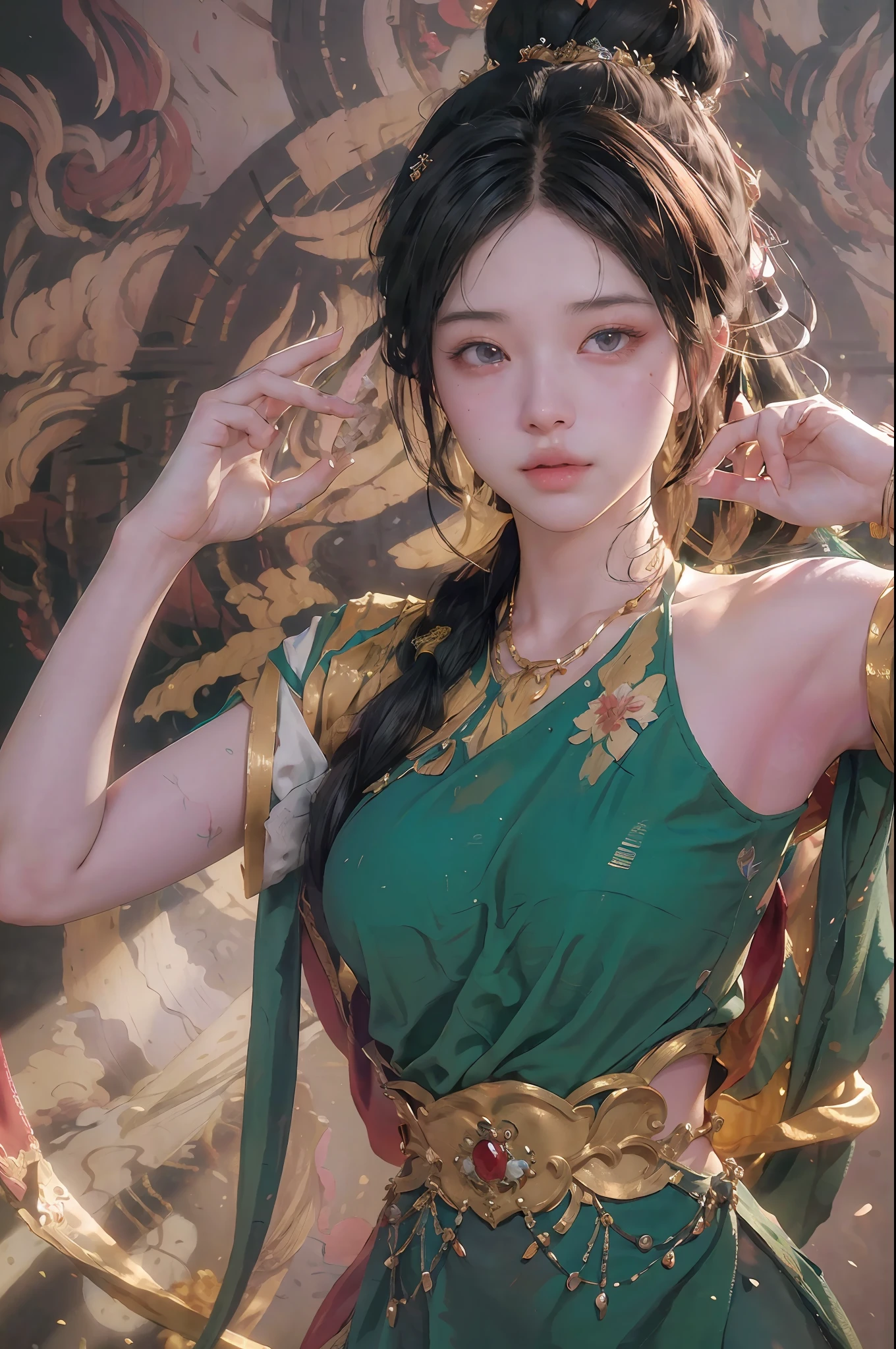 (RAW photo, best quality), (realistic, photo-realistic:1.3),best quality,highly detailed,masterpiece,ultra-detailed,illustration,1girl,upper_body,dynamic angle,world masterpiece theater,messy_long_hair,best quality,extremely detailed CG unity 8k wallpaper,ink,Amazing,cinematic lighting,lens_flare, dunhuang_style
