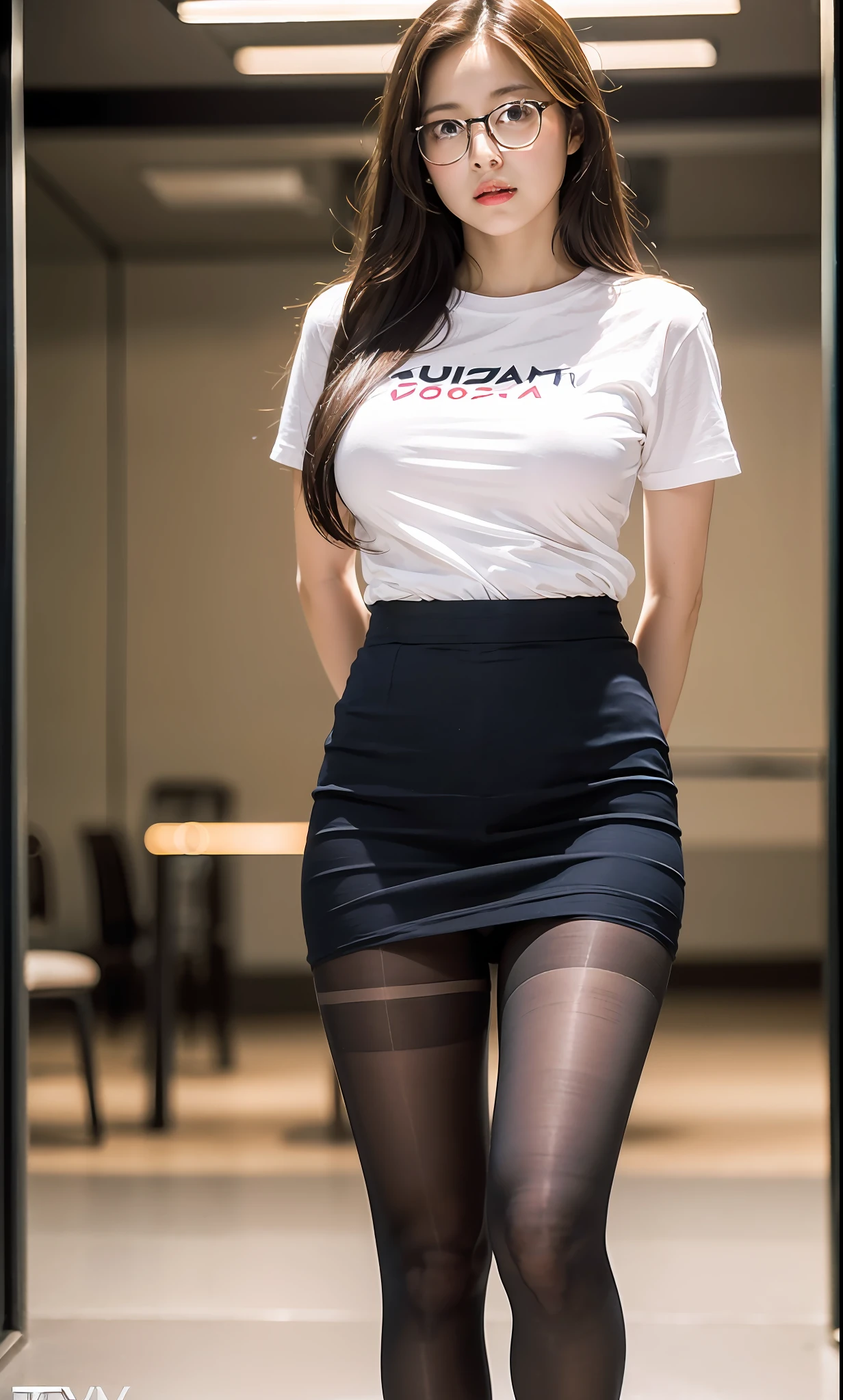 ulzzang-6500-v1.1,(raw photo:1.2), (photorealistic:1.4), beautiful detailed girl, very detailed eyes and face, beautiful detailed eyes, ridiculous, incredibly ridiculous, huge file size, super detailed, high resolution, very detailed, best quality, masterpiece, ((t-shirt)), illustration, very detailed, CG, unified, 8k wallpaper, amazing, fine details, masterpiece, Best quality, very detailed CG unified 8k wallpaper, face light, movie lighting, 1girl, 16 years old, long white hair, side split, (big breasts), (no panties)), (with glasses), (dynamic pose), (sexy pose), ((camel toe))), (half), ((pantyhose)), ((black hip skirt)), (bent knees)))))