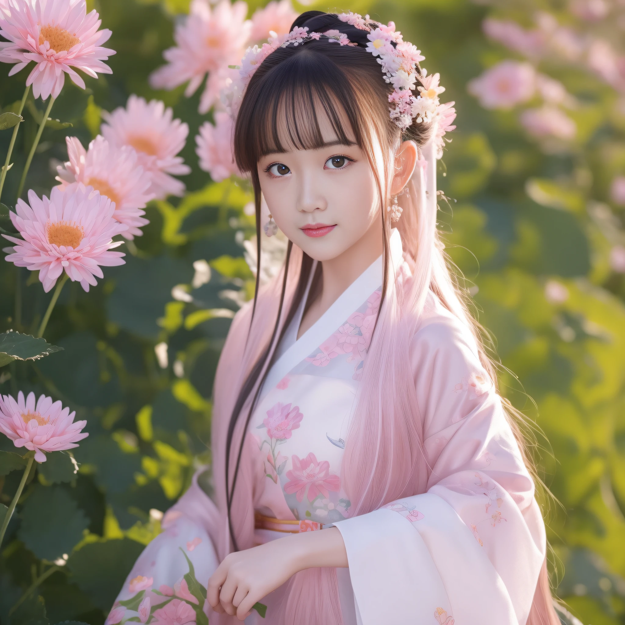 Extremely detailed CG Unity 8k wallpaper, best lighting, super detailed), (best quality, masterpiece, high resolution), standing, Chinese style girl, soft light, beautiful hair, pink and white Hanfu costume, large open space, white silk, bright colors, smile, standing in the chrysanthemum bush