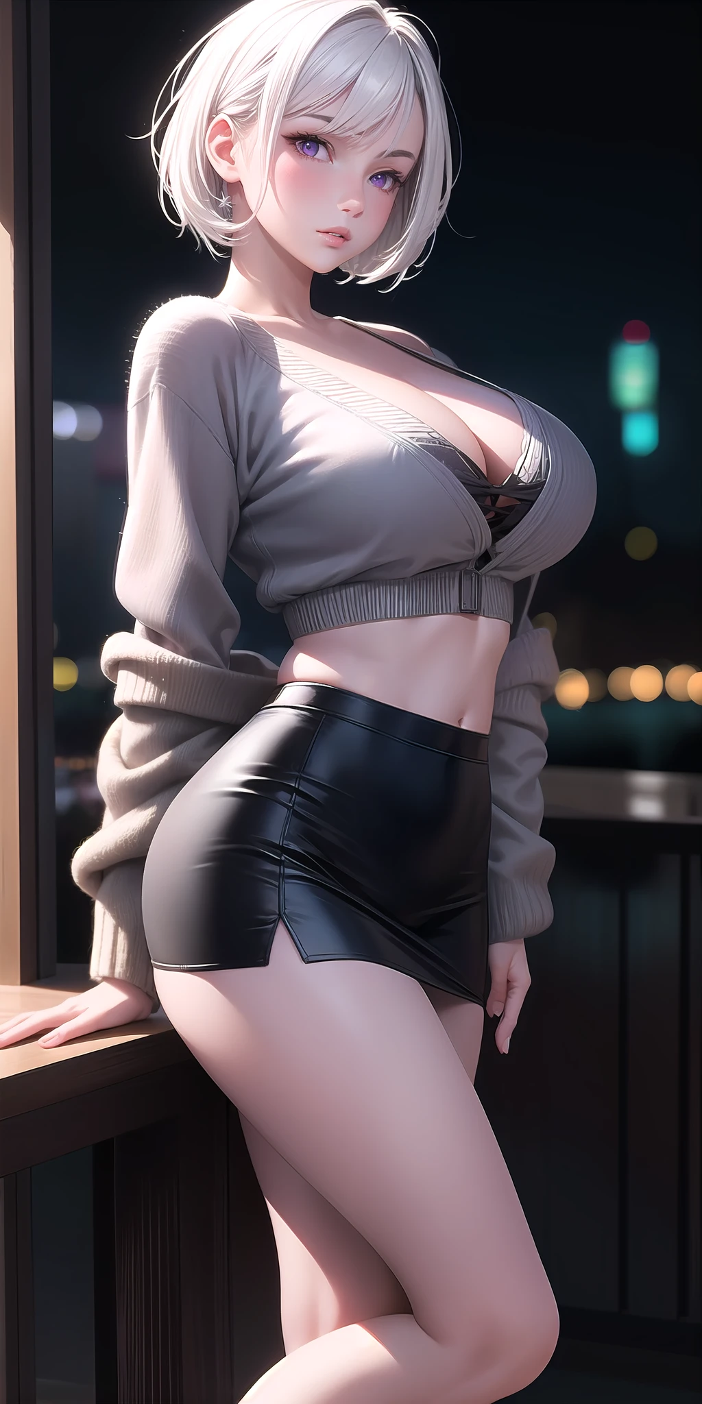 Realistic, 1girl, white hair, purple eyes, glowing eyes, cropped top, miniskirt, parted lips, blush, night, high heels, big breasts, cardigan, no lingerie