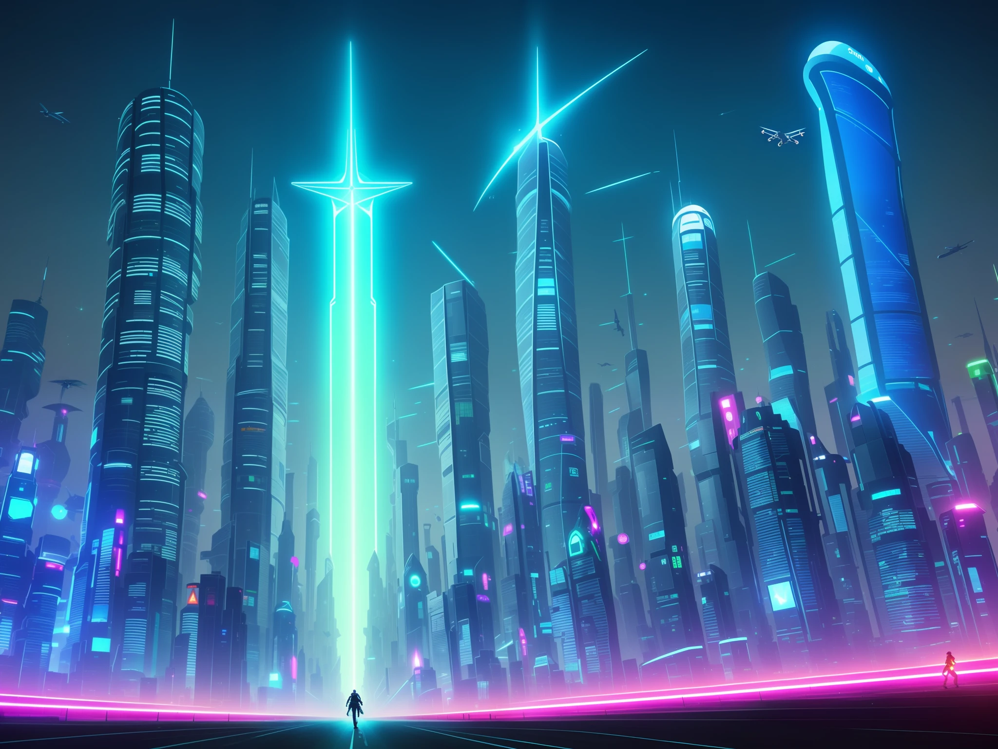 The technological city is a spectacle of lights, colors and shapes. Tall, curved buildings tower over the busy streets, where flying cars and magnetic trains circulate. Holographic screens display advertisements and information, while drones and robots perform a variety of tasks. In the sky, a huge space station glows like an artificial star. The futuristic landscape reveals the advancement of science and technology, but also the challenges and conflicts facing humanity. It's a cyberpunk city