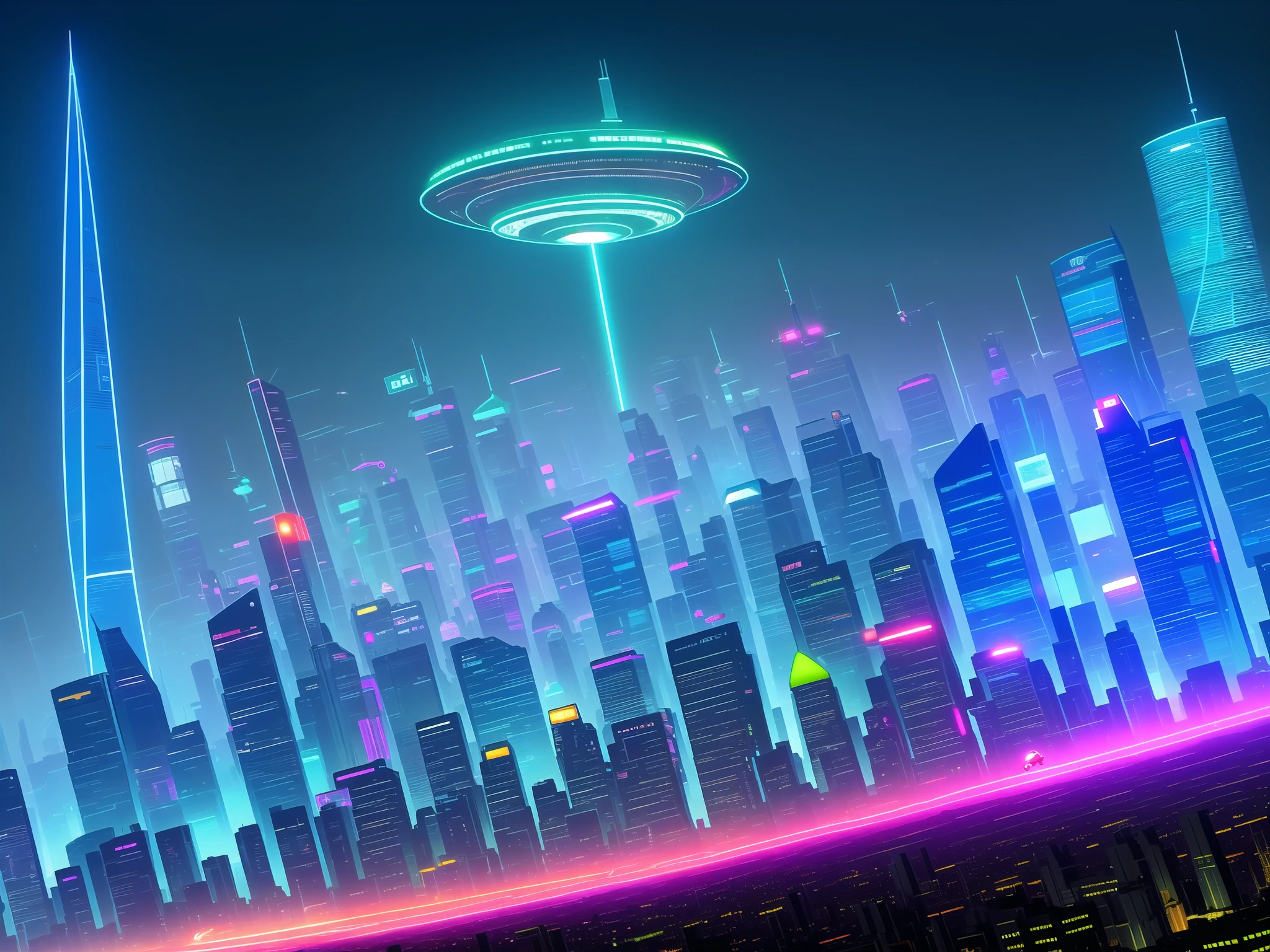 The technological city is a spectacle of lights, colors and shapes. Tall, curved buildings tower over the busy streets, where flying cars and magnetic trains circulate. Holographic screens display advertisements and information, while drones and robots perform a variety of tasks. In the sky, a huge space station glows like an artificial star. The futuristic landscape reveals the advancement of science and technology, but also the challenges and conflicts facing humanity. It's a cyberpunk city