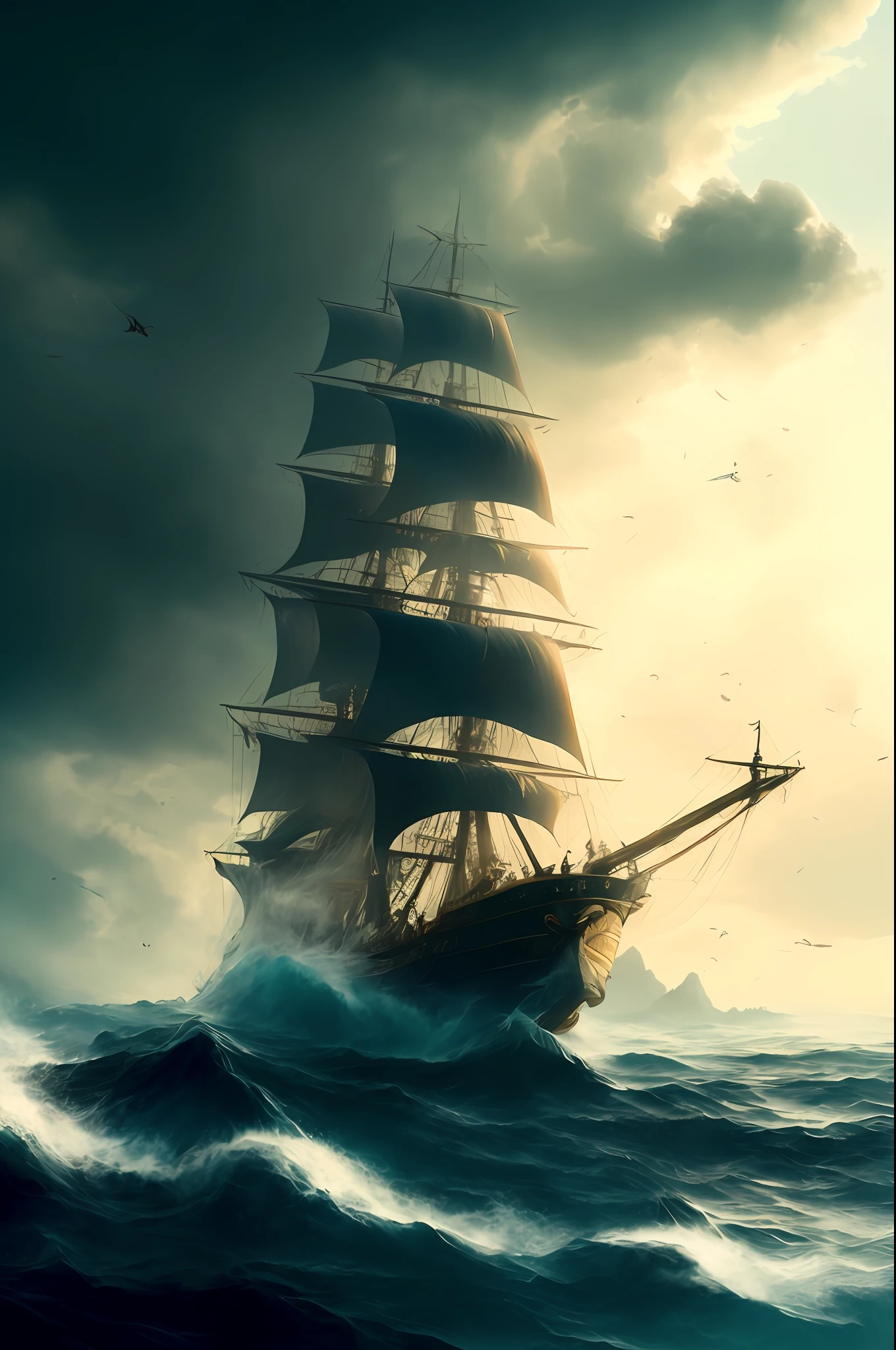 large three-masted ship flying a pirate flag, sailing up, front view, storm, foam on the waves, sky from orange to dark blue, clouds, cinematography, realism, realistic, clear focus, emitting diodes, smoke, artillery, sparks, racks, system unit, motherboard, author: pascal blanche rutkowski repin, hyperrealism, art station, detailed character design concept art, matte painting, 4 k resolution