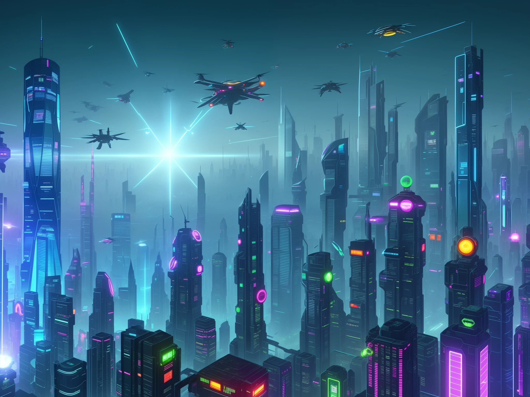 The technological city is a spectacle of lights, colors and shapes. Tall, curved buildings tower over the busy streets, where flying cars and magnetic trains circulate. Holographic screens display advertisements and information, while drones and robots perform a variety of tasks. In the sky, a huge space station glows like an artificial star. The futuristic landscape reveals the advancement of science and technology, but also the challenges and conflicts facing humanity. It's a cyberpunk city