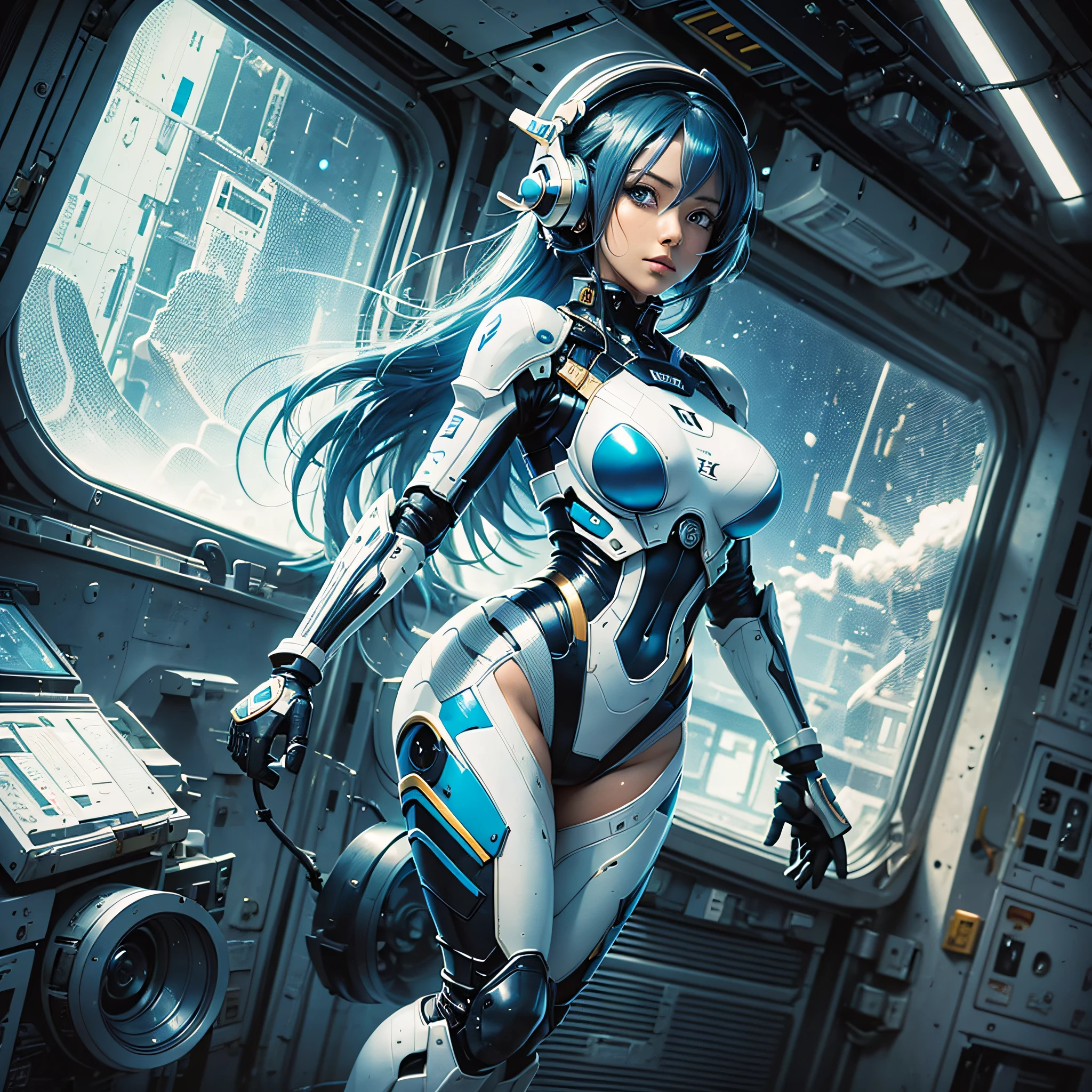 Full body, blue hair, blunt van, masterpiece, top quality, official art, album art, very elaborate CG Unity 8K wallpaper, lone girl, Japan girl, full body, super high resolution, (photorealistic: 1.4), dynamic angle, dynamic pose, mystical power, floating particles, reflection, so cute, sparkling blue color eyes, golden hour lighting, Pilot suit in white and blue and black colors, tight fitting clothes, full-body covering clothes, knee boots, (puffy eyes), viewer looking, front-facing, beauty, medium breasts, shirt lift, metal wire, slim body, arm-length gloves, anime heroine, gentle smile, headset, helmet, detailed robot cockpit, super futuristic space