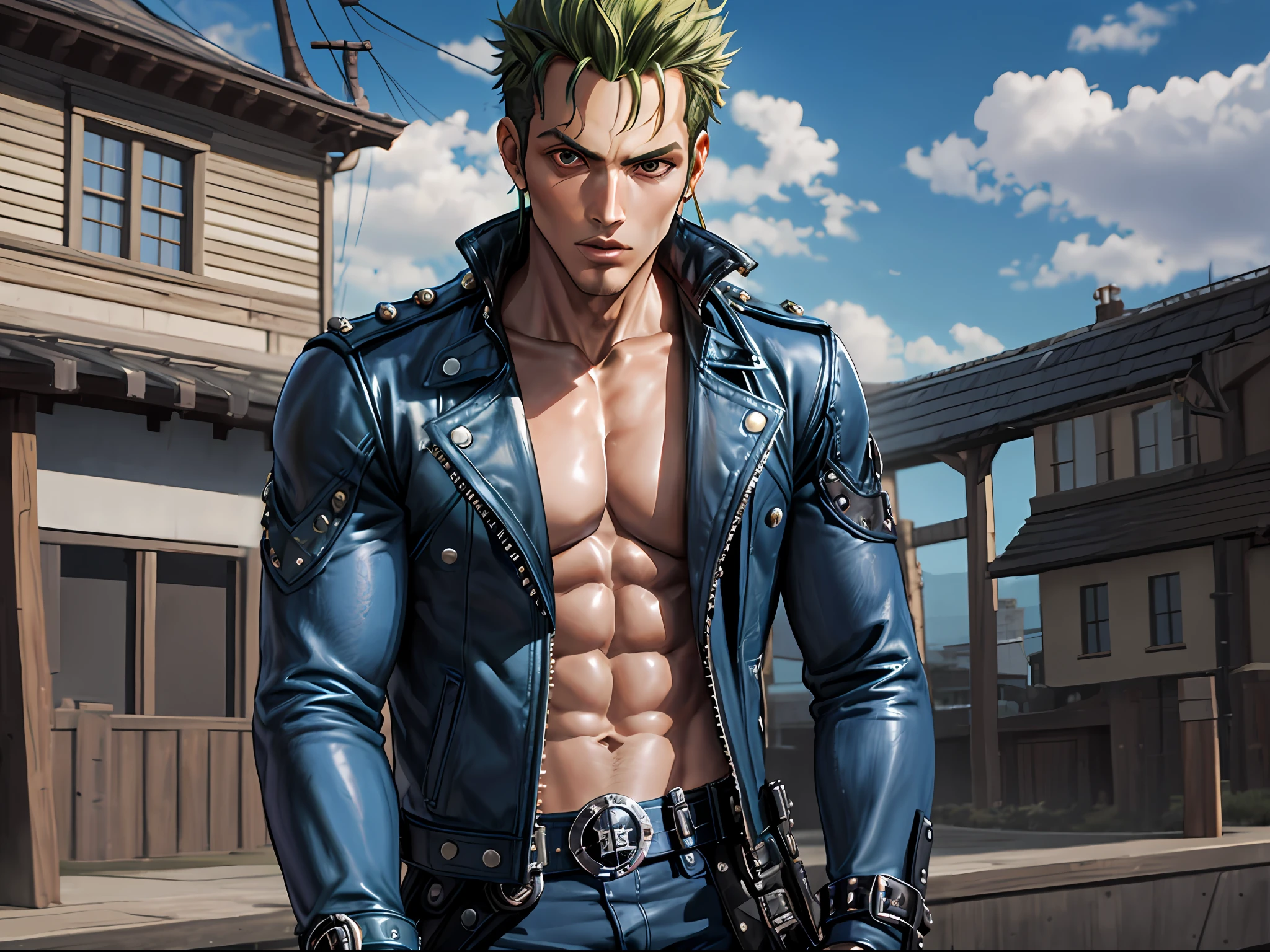 '1990 Screengrab of a male model portraying Roronoa Zoro. Zoro has green hair that falls wildly and untamed around his head and resolute brown eyes. He wears a distinctive black leather Balenciaga biker jacket, embellished with silver zippers and buckles that underline his rebellious character. He also wears worn-out denim jeans and sturdy combat boots that accentuate his rugged and battle-ready style. On the catwalk, Zoro's combative attitude and unique look embody the bold statement of the Balenciaga collection. Balenciaga commercial, 3:2 aspect ratio, 5:4 aspect ratio.