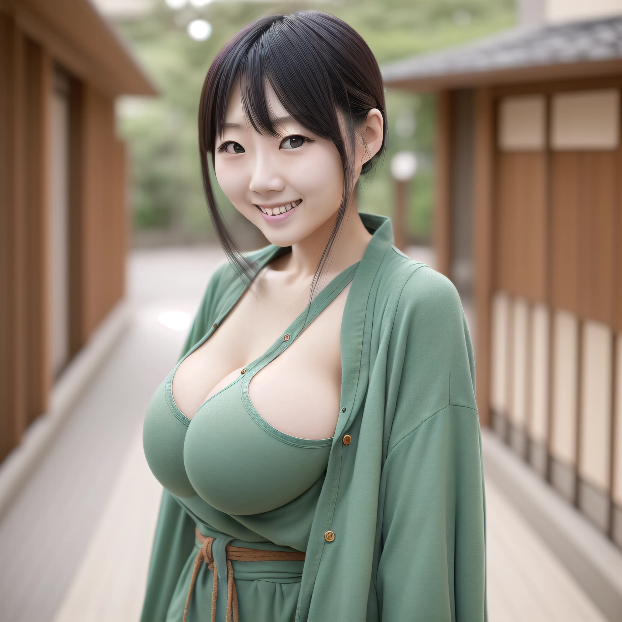 Japanese woman, childish face, green eyes, large and full breasts, smiling, casual style short clothes. --auto --s2