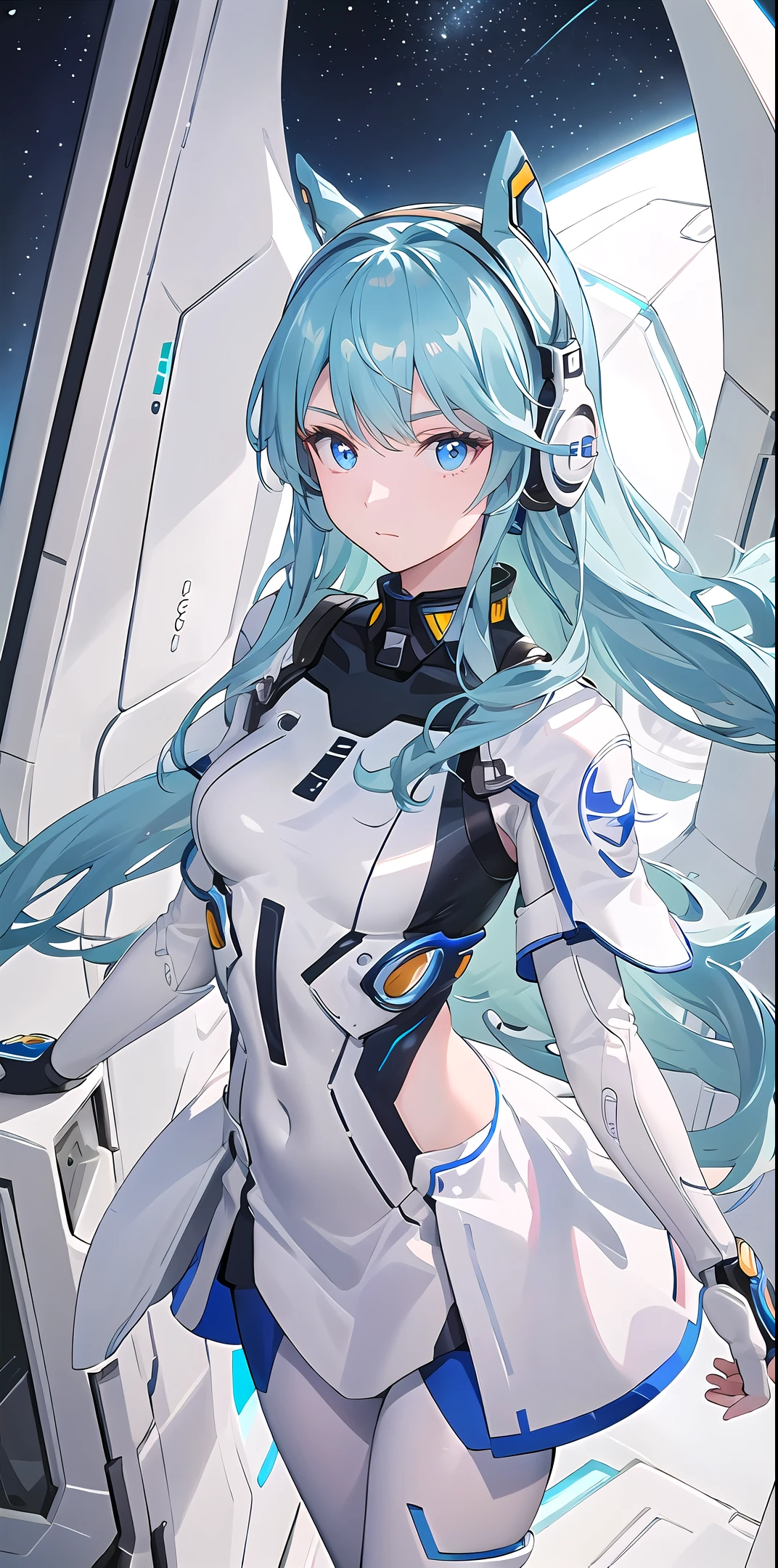 (Top view), Dynamic angle, Ultra detailed, Illustration, Close up, Straight Straight, 1 Girl,
 ((Souryuu Asuka Lanley, jack headphones, white tights: 1.4, light blue hair)), her eyes shine like dreamy stars, (glowing reddish eyes: 1.233), (beautiful and detailed eyes: 1.1), (expressionless, closed mouth), (standing),
(mechanical compartment with tools and spaceship windows in a white spaceship),
(night: 1.2), dreamy, [[slender fingers and hands: 0.55]::0.85], (detail fingers),