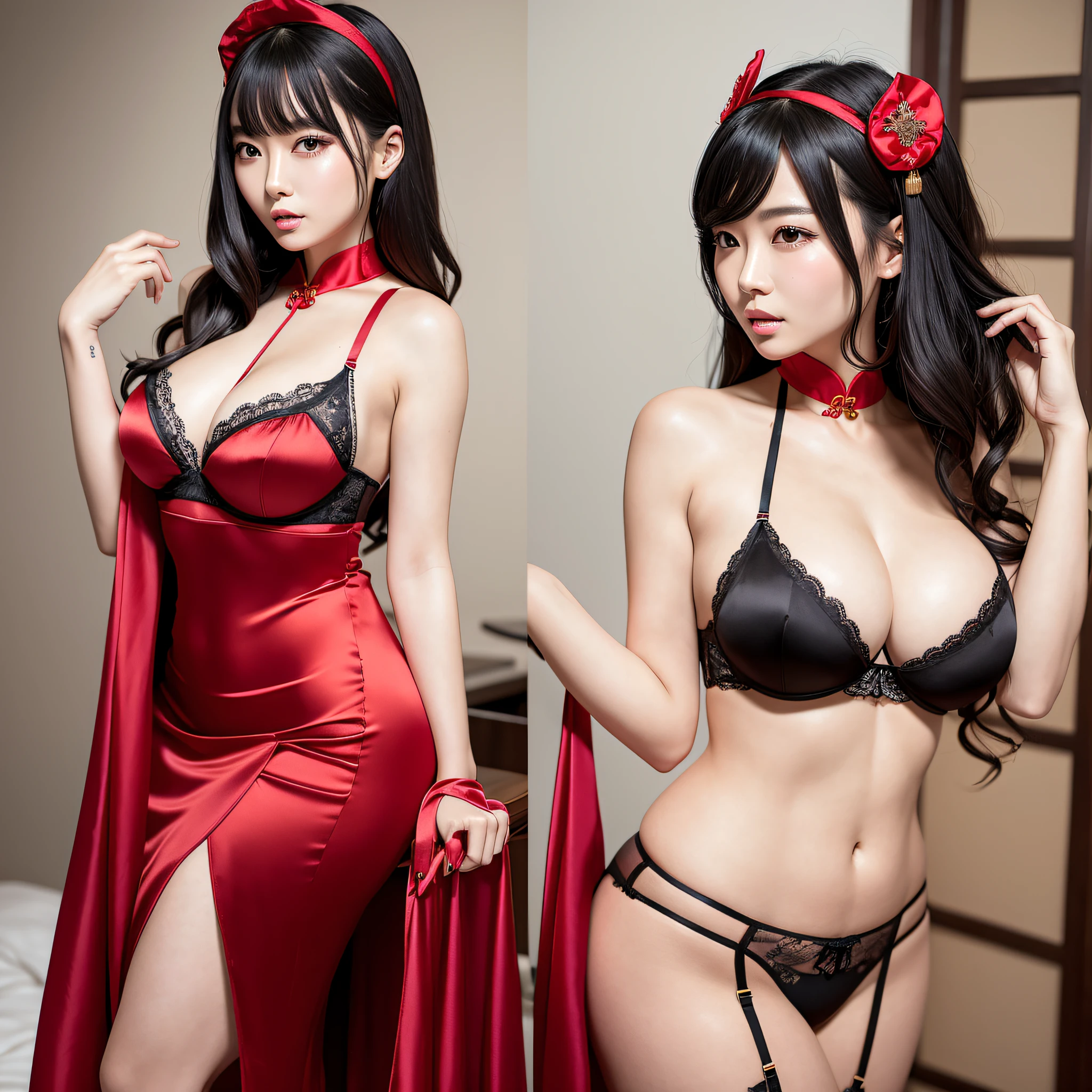 Beautiful Chinese woman, age 34, silk bra, panties, silk robe, black hair, wavy hair, red headband, masterpiece, large breasts , photorealistic, satin gloves