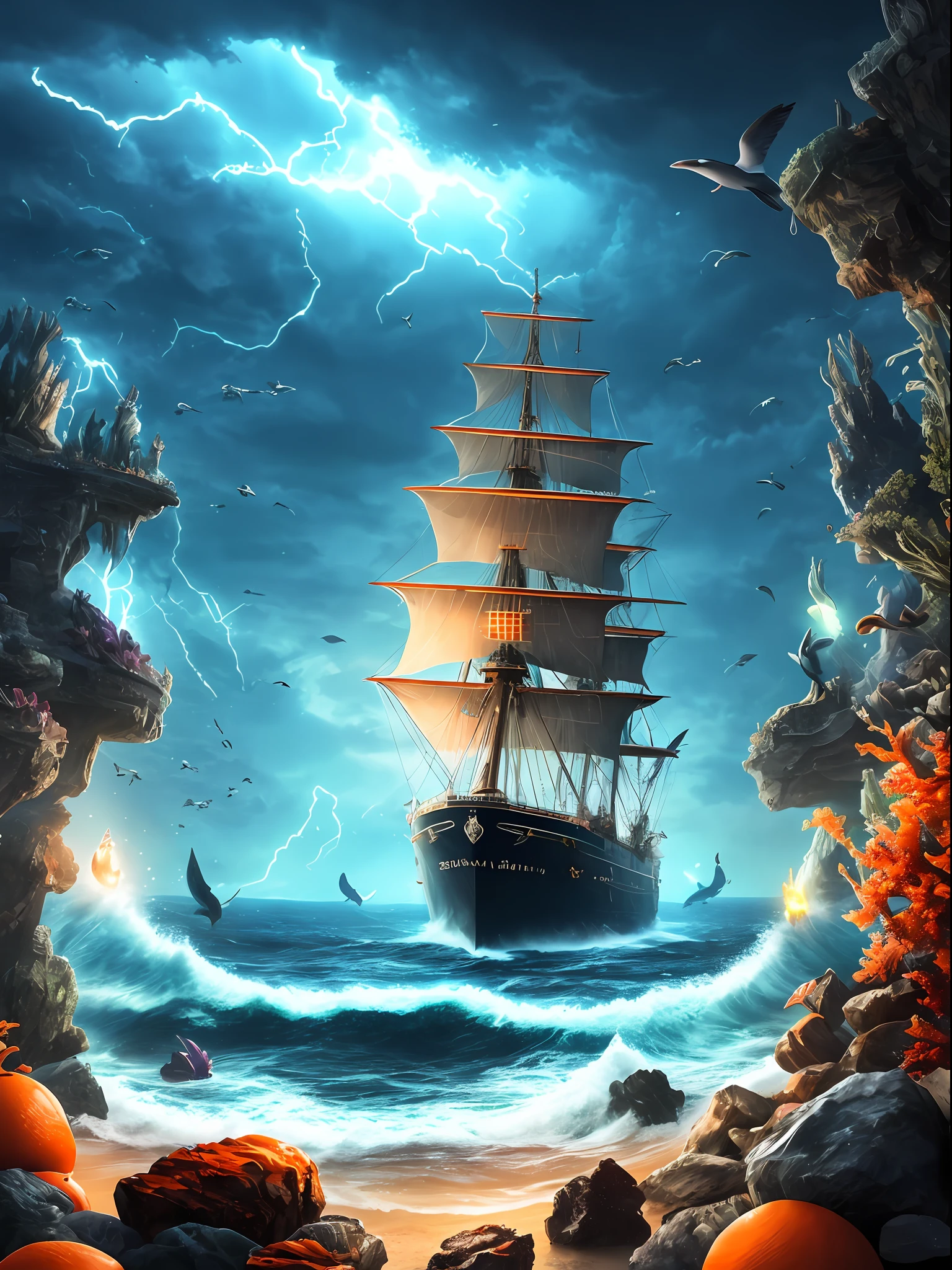 The ship is in the center of the ocean, dark night, violent storms, HD, mermaid, orange thunder background, best quality, some rocks around, rocks, best ship, mermaid on ocean, best mermaid, 16k, big ship, ship close to camera, Birds fly around, birds, night time, best lights, octane