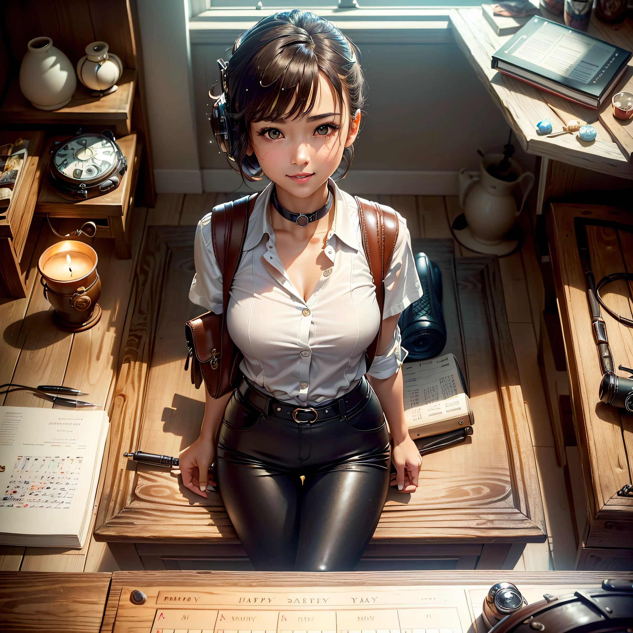 (masterpiece, highest quality, highest resolution, distinct_image, very elaborate CG, cinematic lighting, ray tracing, drop shadows, detailed detail, (photorealistic: 1.4), high quality textures, fine-grained, realistic face expression): (lone girl, face is Japan, brown short hair, hair tied back, small size breasts, sparkly eyes, eye level shots, happy smiles, beauty, slim body, holiday, own room, console games, computer, display, keyboard, mouse, long leather pants, white shirt with collar, leather vest, cardian, baseball cap, handgun holder, leather bag on back, long boots, antique radio, coffee, Model Train, Bookcase, Wooden Chair, Pot, Fan, Painting, Stuffed Animal, Tie, Notebook, Stationery, Vase, Photo Frame, Letter, Fountain Pen, Calendar, Lamp, Cushion, Basket, Profile Mirror, Candle, Newspaper, Sweets, Park View Outside the Window, Telephone, Fruit, Telescope, Retro TV)