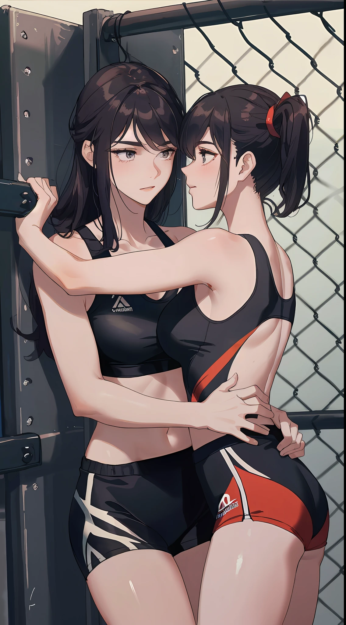 2 women hugging in an MMA CAGE, wearing sexy MMA clothes, on a hot summer day, sexy:1,5, yuri, lesbian, nsfw, lascivious:1,5, strong:1,2, perfect hands with 5 fingers, perfect arms, perfect anatomy, mma grapple