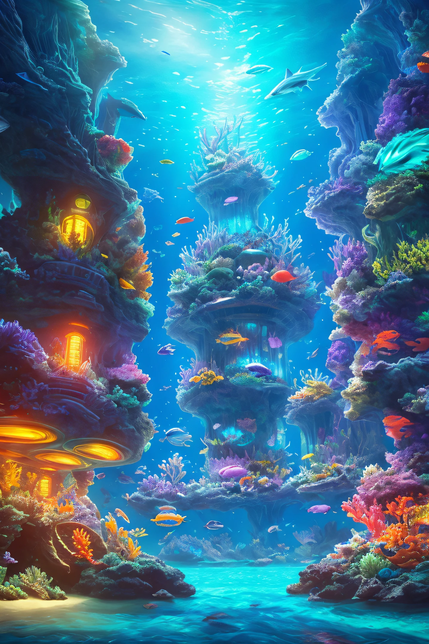 (Ultra High Resolution, Realistic, Best Quality, Realistic), (8K, Original Photo, Best Quality) Ocean, Marine Plants, Colorful Small Fish, Schools of Killer Whales